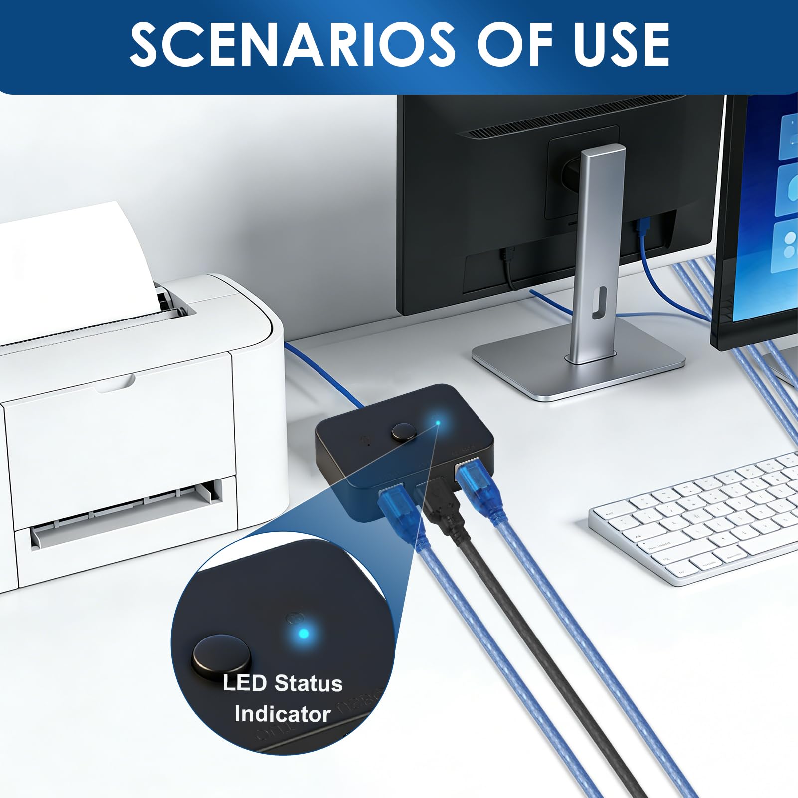 USB Drucker Umschalter 2 PC für effizientes Printer Sharing, USB Switch 2 Port mit elektronischem Schalter, 2×1,5m Druckerkabel inklusive, Plug and Play, ABS Gehäuse, LED Anzeige für Büro