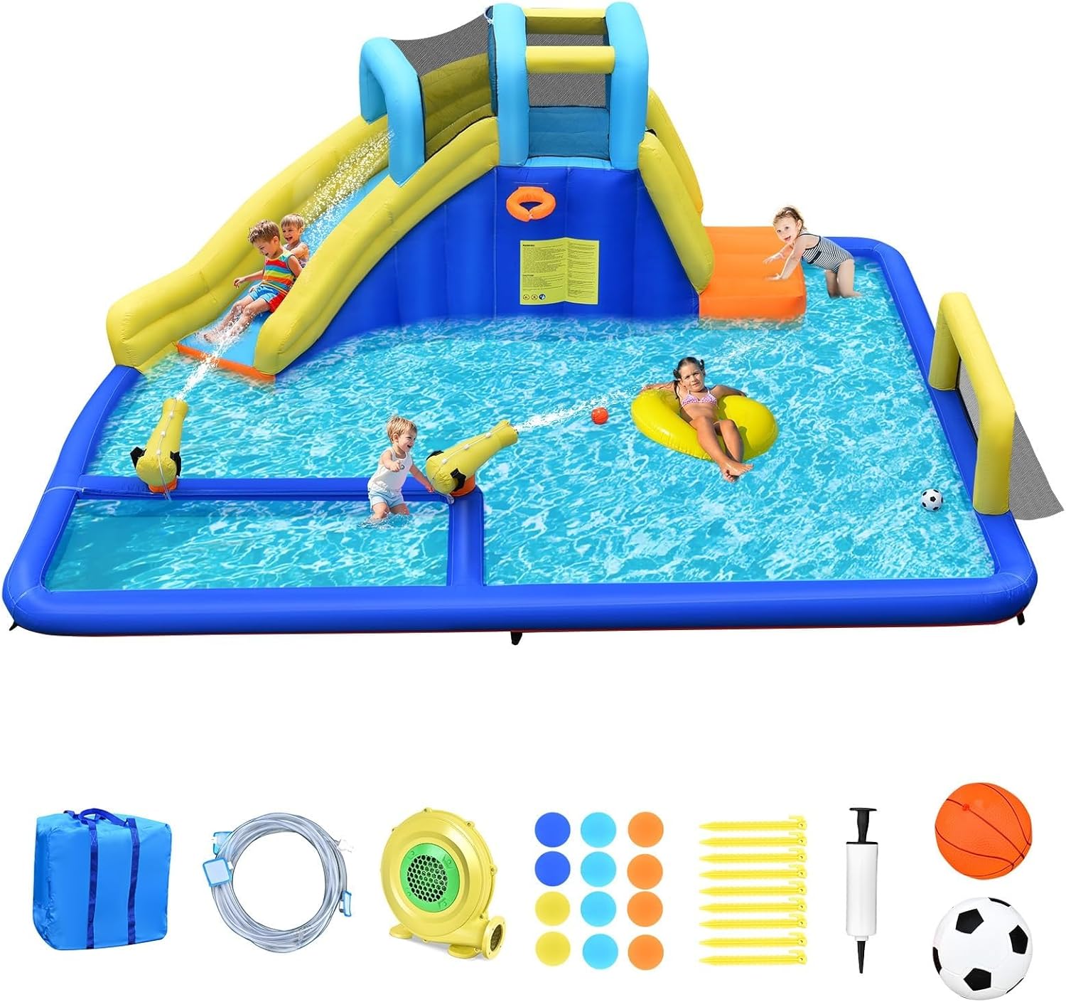 OLAKIDS Inflatable Water Slide, Bouncing Park House with Slide, Pool, 2 Water Guns, Climbing Wall, Bouncer Castle Outdoor with Hose, Carry Bag, Repaired Kit, Stakes, Balls (with Air Blower)