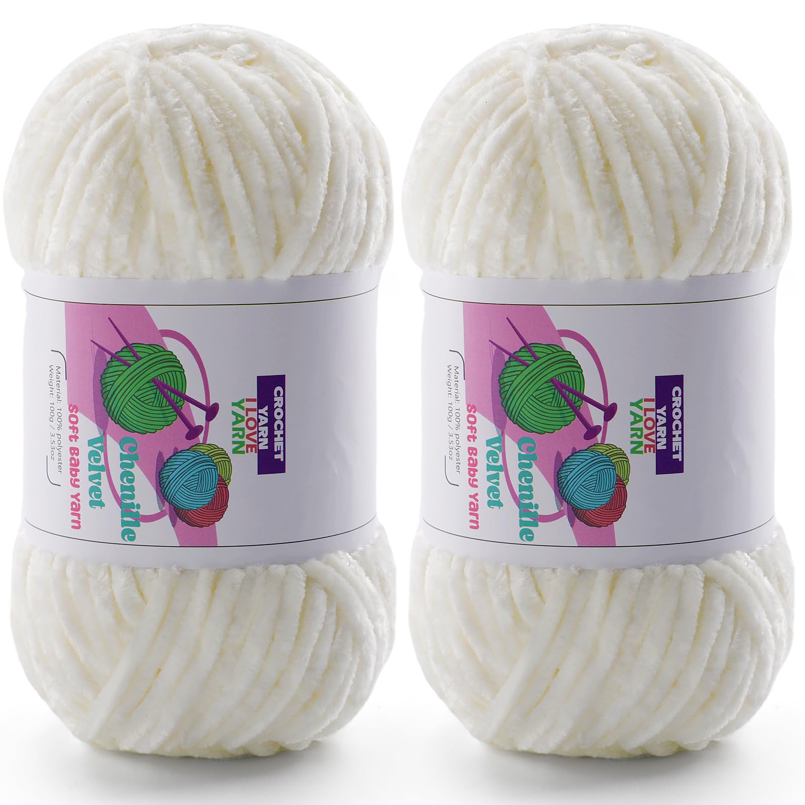 Chenille Velvet Yarn for Crocheting, White Fuzzy Fluffy Yarn for Crochet