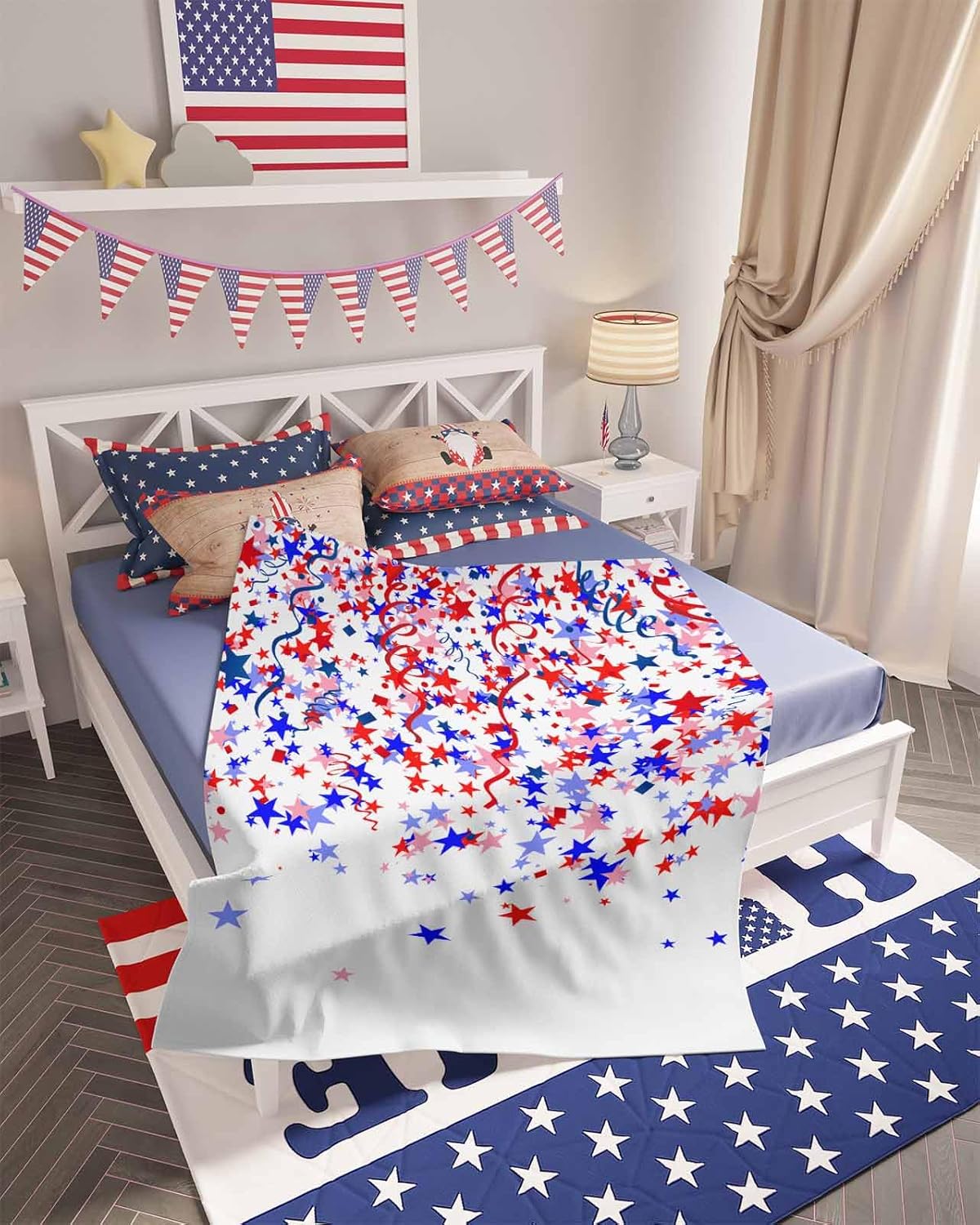 4th of July Throw Blanket Patriotic Stars Ribbon Blankets and Throws, Red White Blue Blanket for Couch Bed Sofa, Soft Cozy Flannel Fleece Blanket for Independence Day Memorial Day All Season 40x50