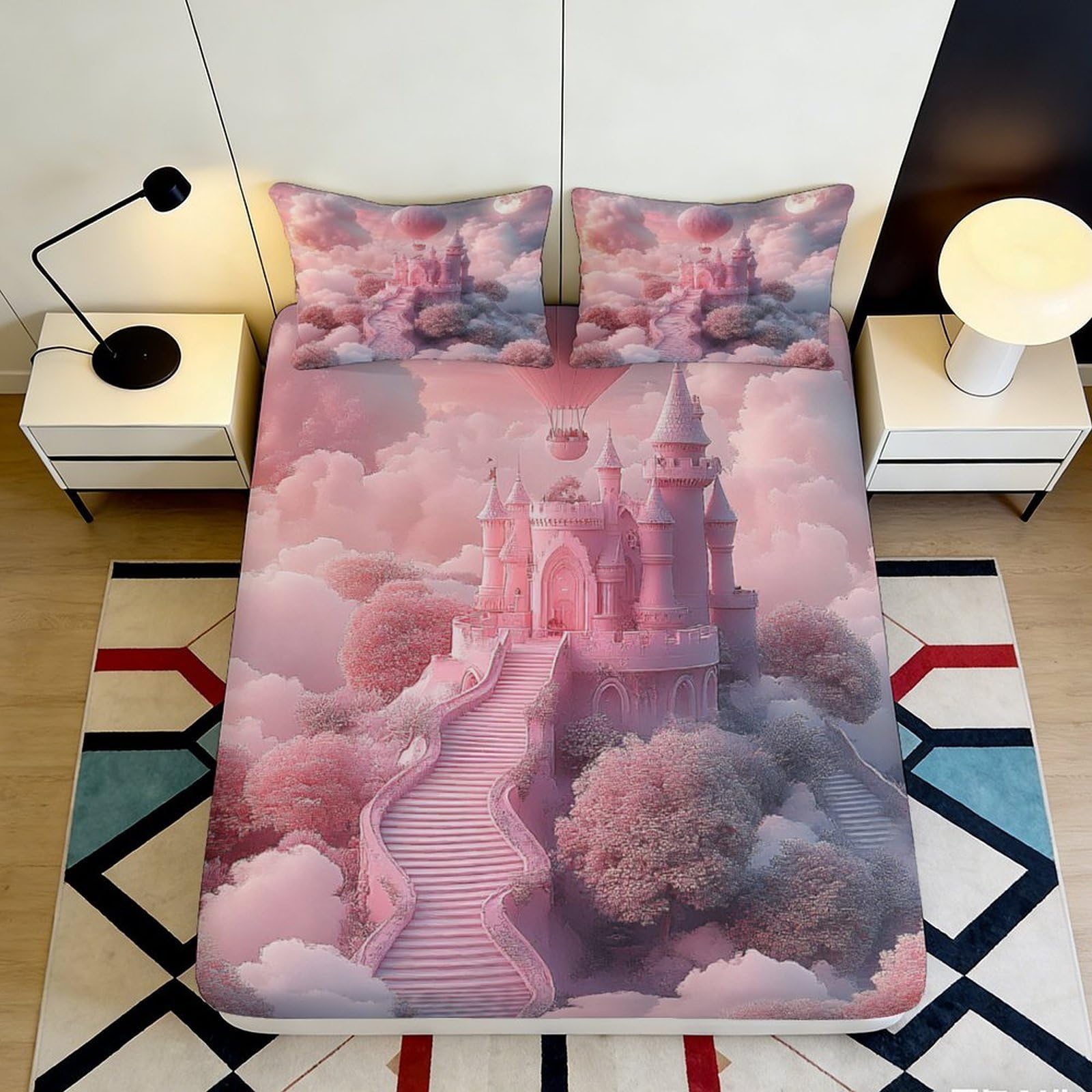 3D Printed Pink Castle Dreamland Fitted Sheet Microfiber Soft Bed Cover Fantasy Clouds Mattress Protection for Bedroom Dorm Decor 120x200x25cm