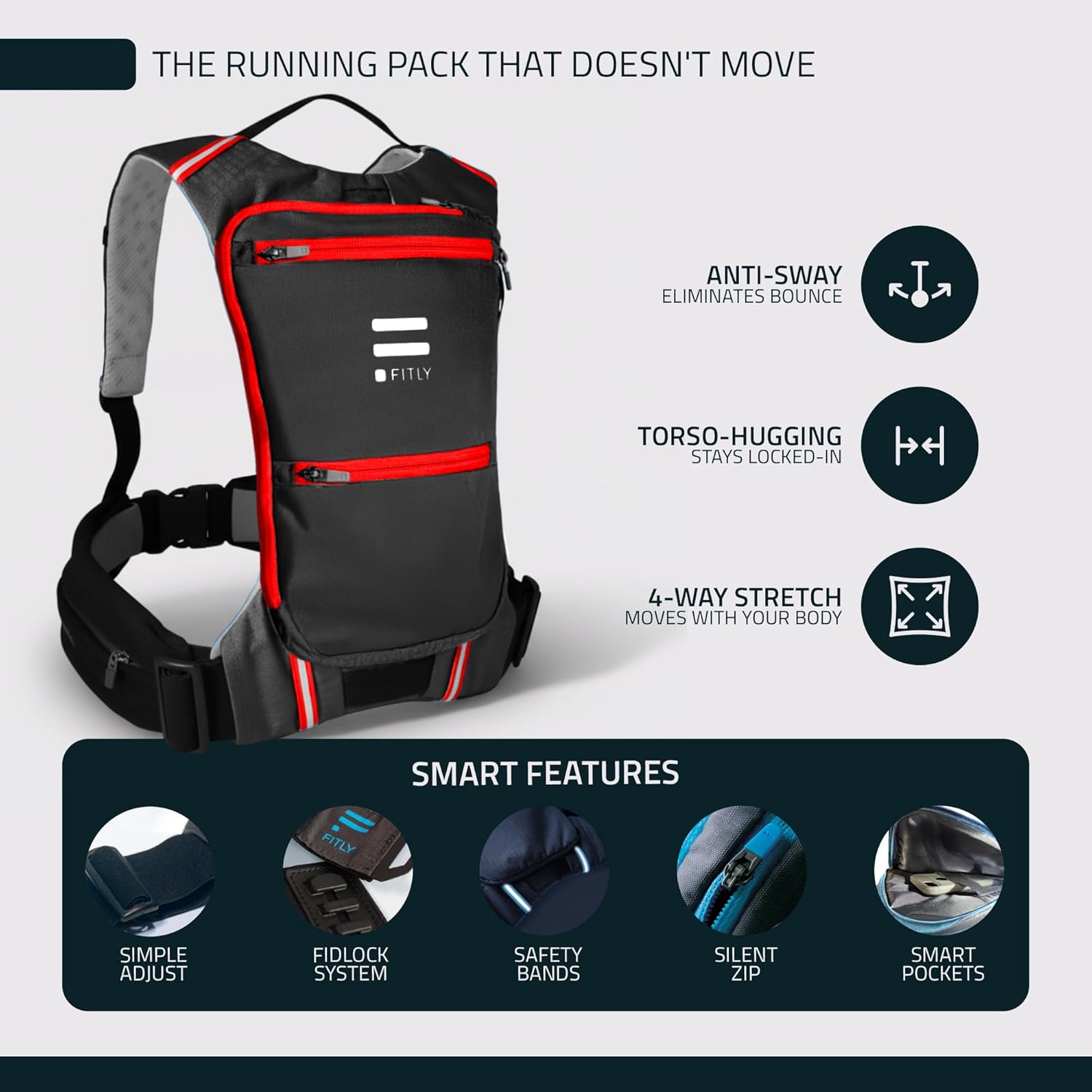 FITLY Minimalist Running Pack - Fitness Backpack Phone Holder, Storage, Thoracic Belt - Carry Personal Items - Running Gear for Men & Women - Lightweight Hydration Water Backpack