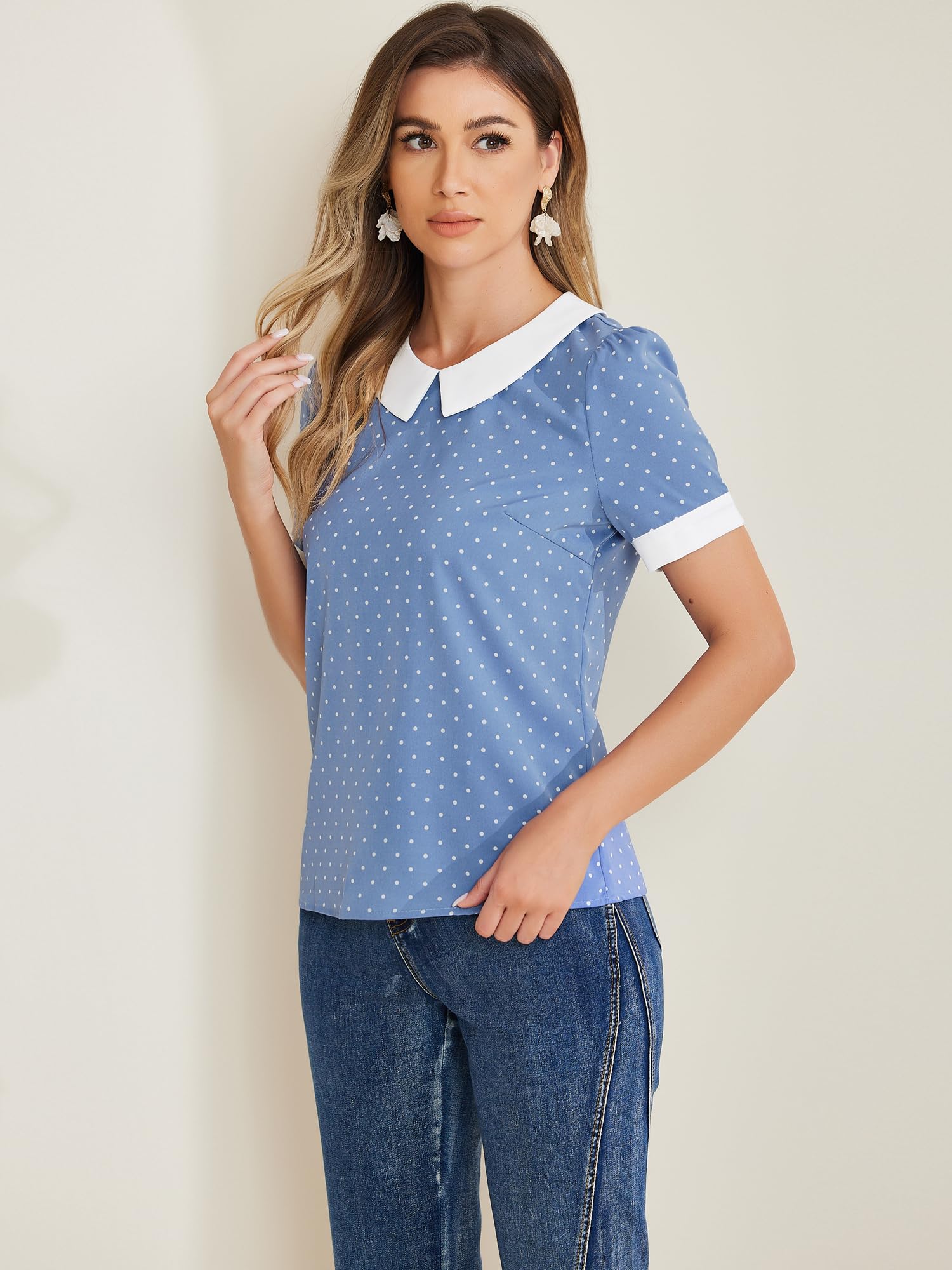 Allegra K Women's Peter Pan Collar Shirt Vintage 1950s Polka Dots Blouse: X-Small Dusty Blue