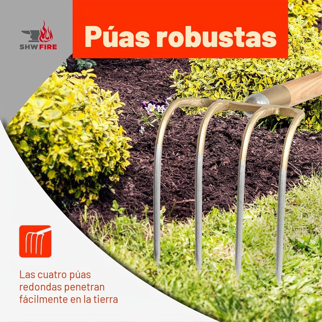 SHW-FIRE | Azada para patatas de 4 dientes forjada, mango ergonómico de madera de fresno de 135 cm, resistente y duradera, ideal para labranza del suelo, cosecha de patatas y recogida de heno |