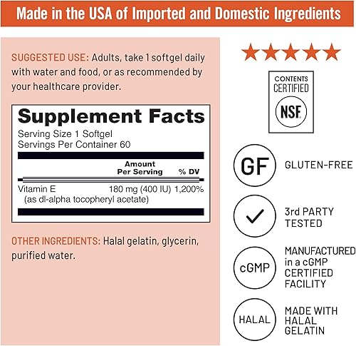 Miniatura 4 de NatureWise Cápsulas blandas de vitamina E de 400 UI (180 mg DL-alfa)  Sin lácteos, gluten y soja, suplemento dietético antioxidante sin OMG para la