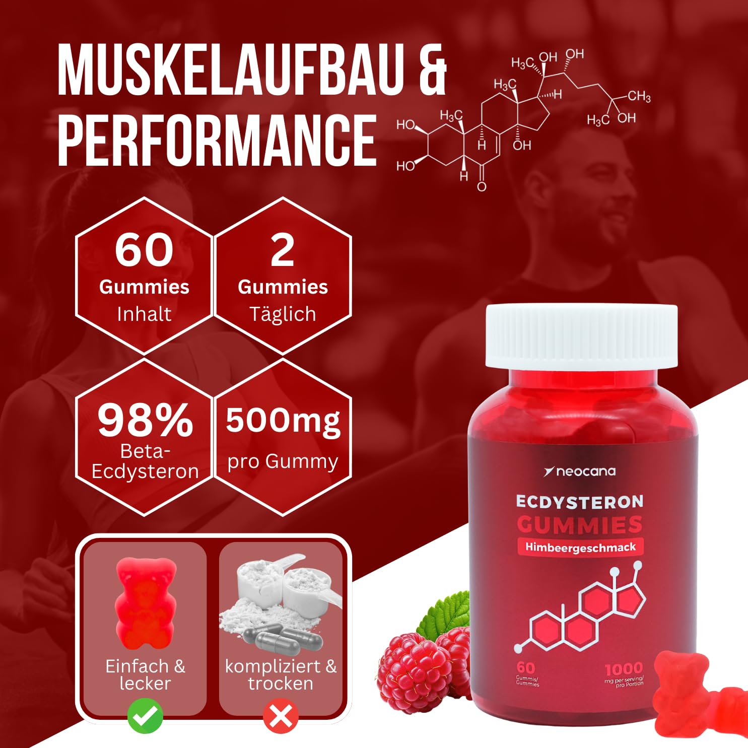 Ecdysteron Fruchtgummis 1000mg pro Portion – 98% Beta-Ecdysteron aus Cyanotis Arachnoidea – Muskelaufbau Booster – Vegane Gummies – Supplement Alternative zu Kapseln & Tabletten – 60 Stück