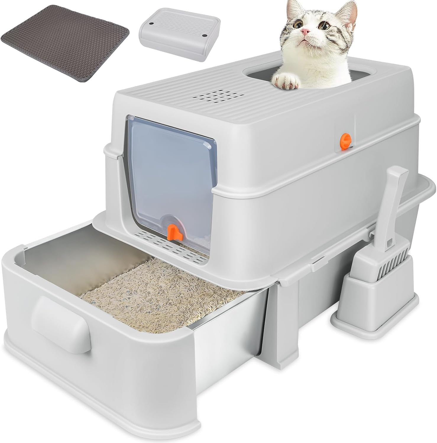 Enclosed Stainless Steel Cat Litter Boxes,Top Entry Large Foldable Litter Box with Lid,Hooded Covered Stainless Steel Cat Litter Box,Easy Cleaning,No Urine Leakage,Deeper Pan,with Litter Mat Light Grey
