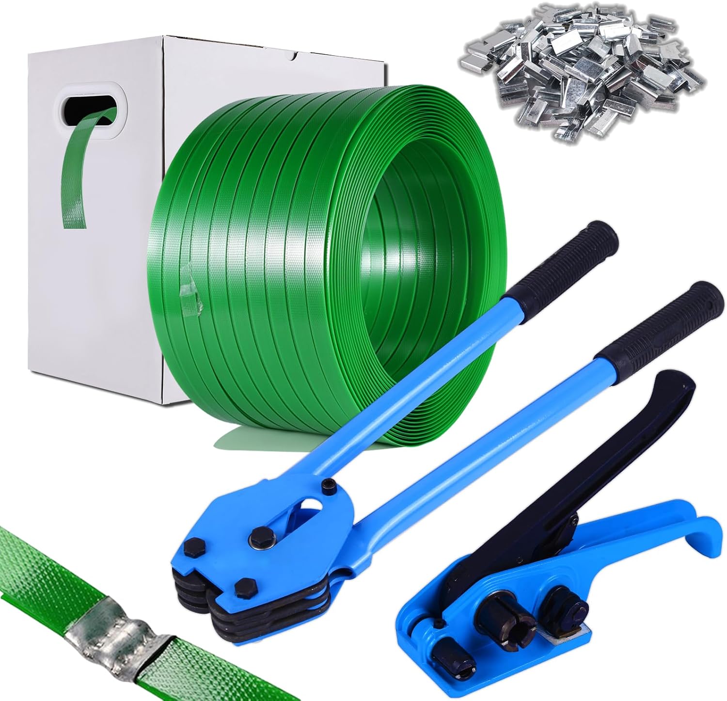 Banding Strapping Kit, Pallet Strapping Kit, Packaging Banding Tool with 5/8″ Width, 1000′ Length Polyester Strapping Coil Roll and Dispenser Box – Heavy Duty Certified 1200 lbs Break