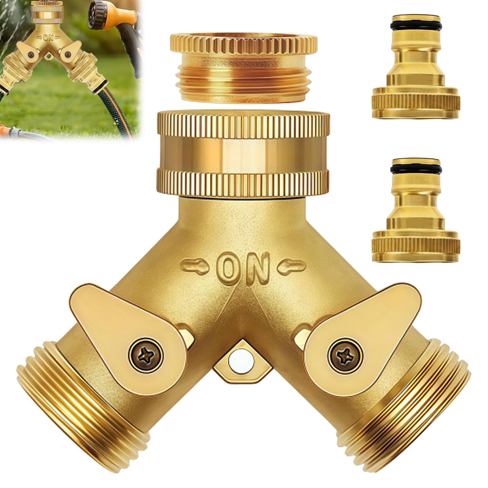 2 Way Brass Garden Tap Splitter 3/4" 2 Quick Connectors Double Outdoor