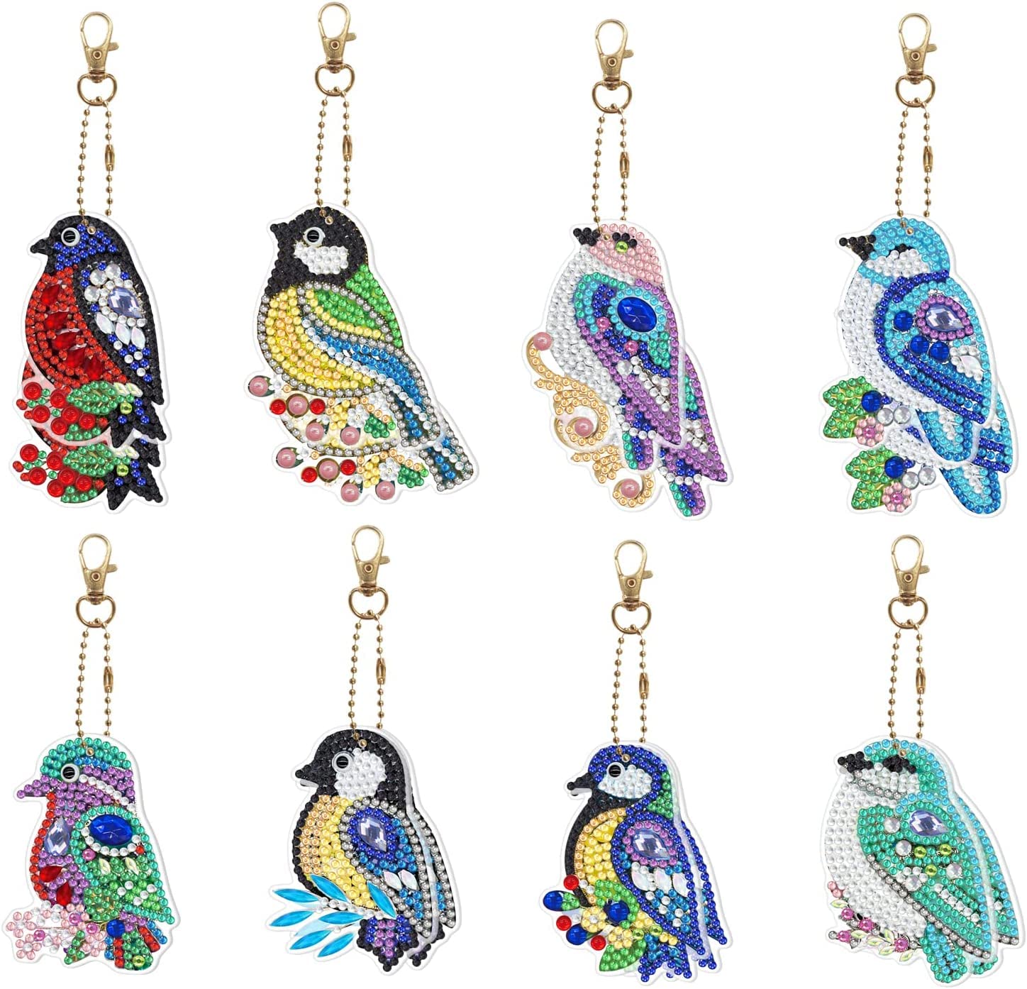 Azonee 8 Pcs 5D Diamond Painting Keychain, Bird Shaped Full Drill Diamond Art Kits Key Ring, Mosaic Diamond Craft Pendant for Key Case, Art Craft, Purse, Phone, Bag