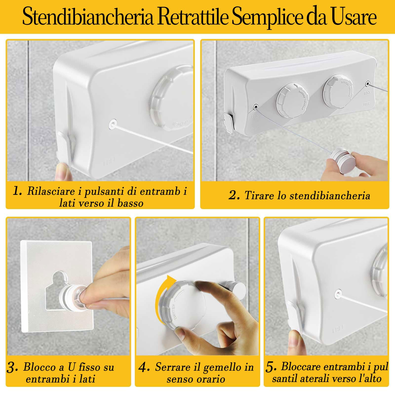 Domigard Corda per Stendibiancheria Retrattile,Biancheria Interna a Parete Doppia Linea Invisibile Filo di Lino Estensibile in Acciaio Inossidabile,Corda da Biancheria regolabile2*5,1m (Bianco)