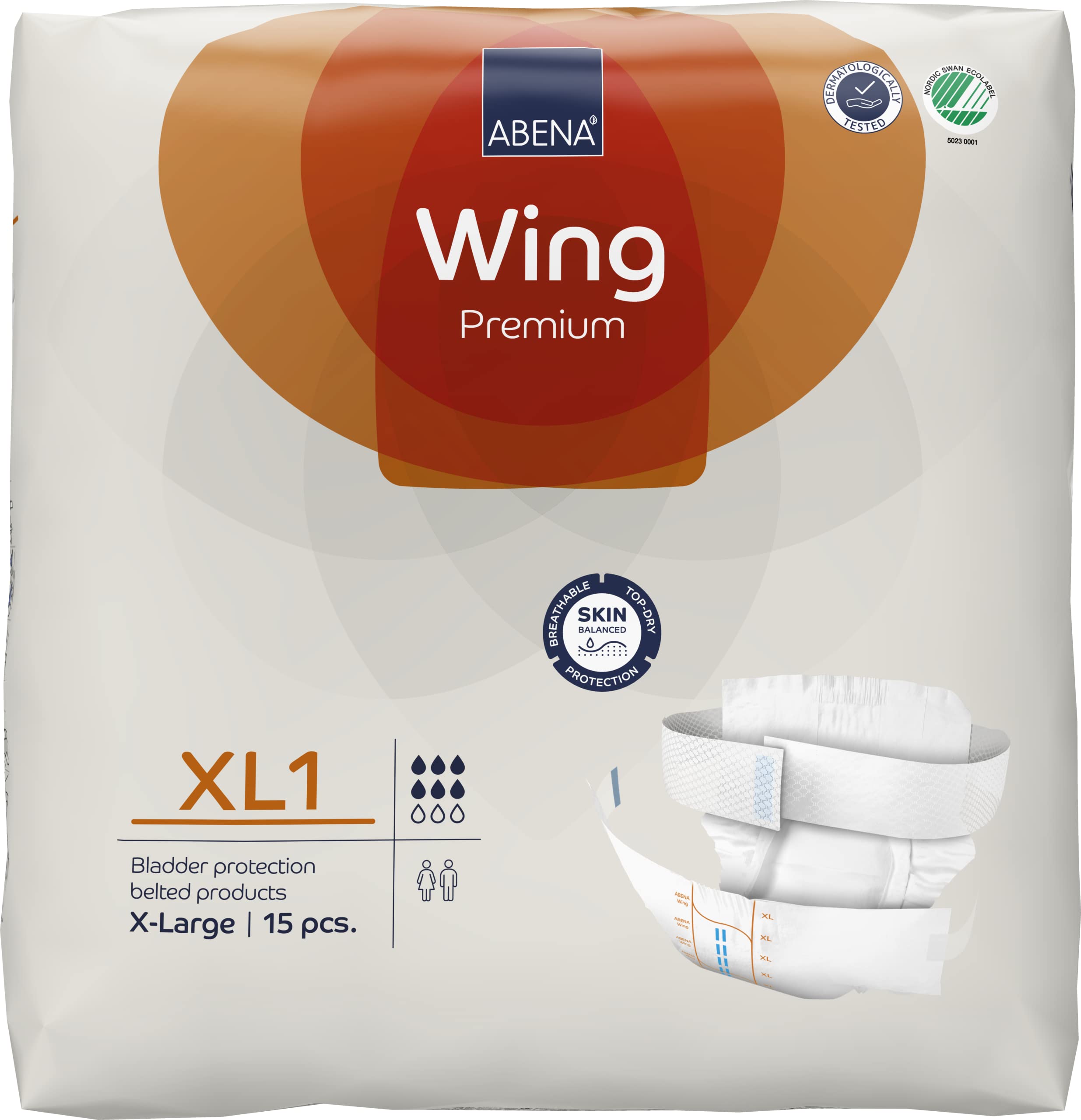 Abena Wing Premium XL1, Pack of 15, 2550ml, Adult Belted Incontinence Pads for Men & Women, Fast Absorption, Discreet & Effective Shape, Breathable & Comfortable, For Moderate to Heavy Incontinence
