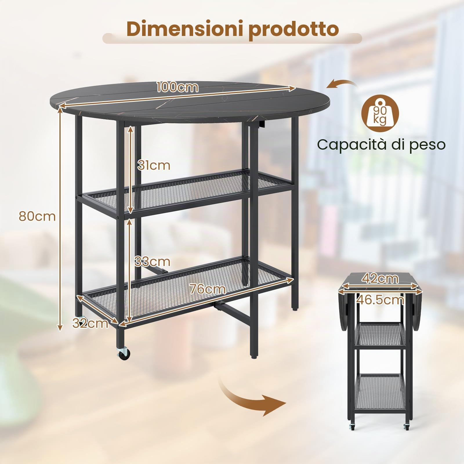 LIFEZEAL Tavolo da pranzo rotondo, 100 cm, tavolo da cucina moderno con piano pieghevole, struttura in marmo, struttura in metallo, mobile allungabile pieghevole per interni con 2 ruote (nero)