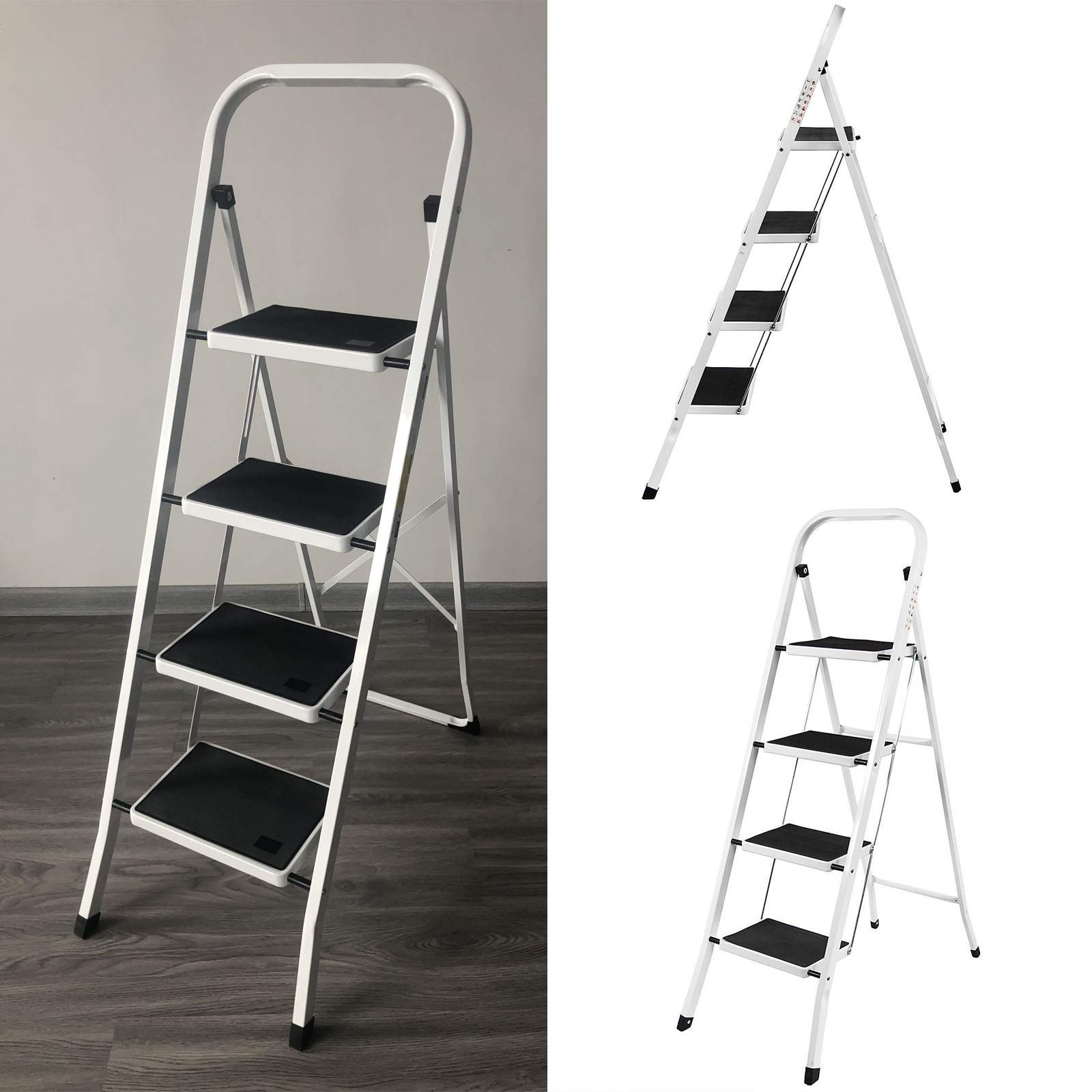 Huini - Escalera de seguridad de 4 peldaños, plegable, acero de alta calidad, antideslizante, para cocina, hogar y oficina