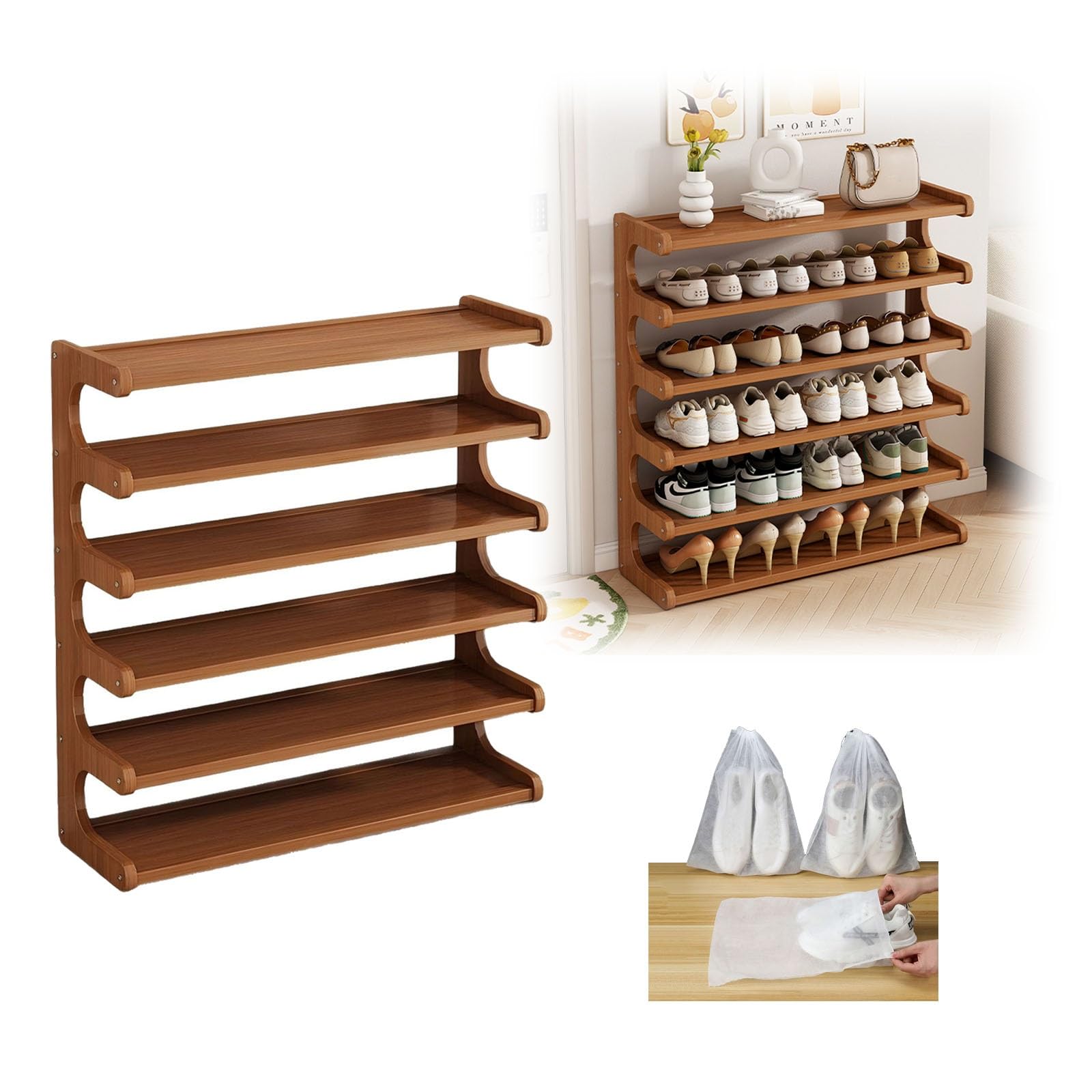 Étagère à chaussures en bambou noble marron 3 niveaux au design minimaliste