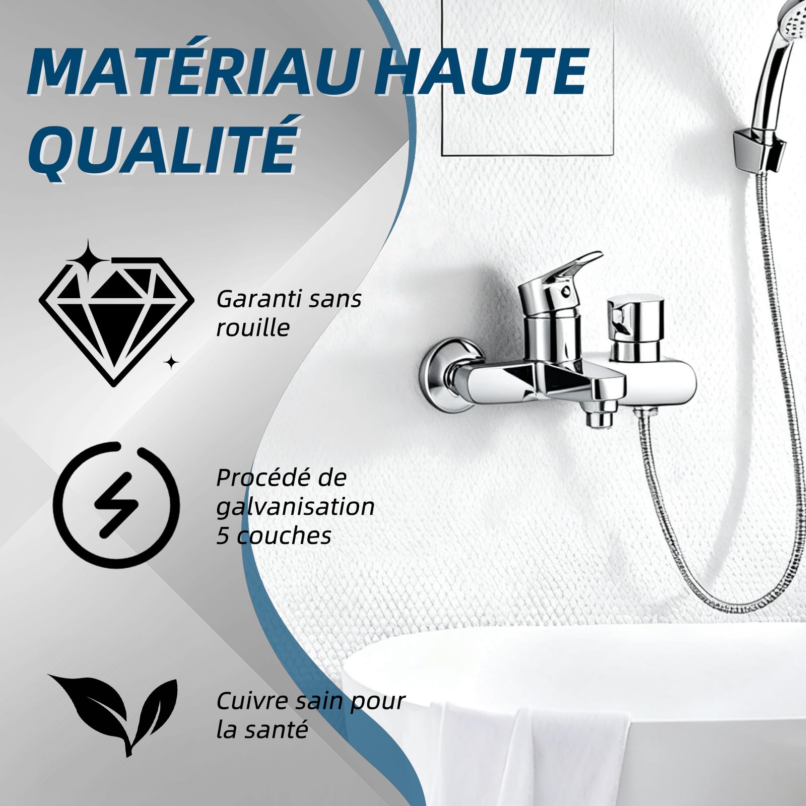 Robinet de baignoire monté en saillie - Mitigeur monocommande avec bec de douche 1/2" - Surface chromée (moderne)