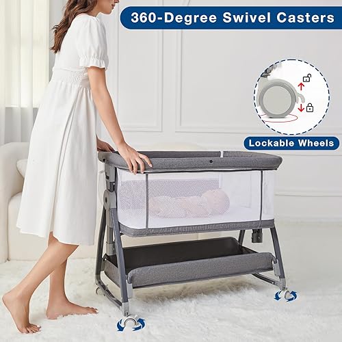 Miniatura 6 de Moisés 3 en 1 para bebé, moisés de noche ajustable en altura para recién nacidos y bebés con colchón, cesta de almacenamiento y ruedas (gris)