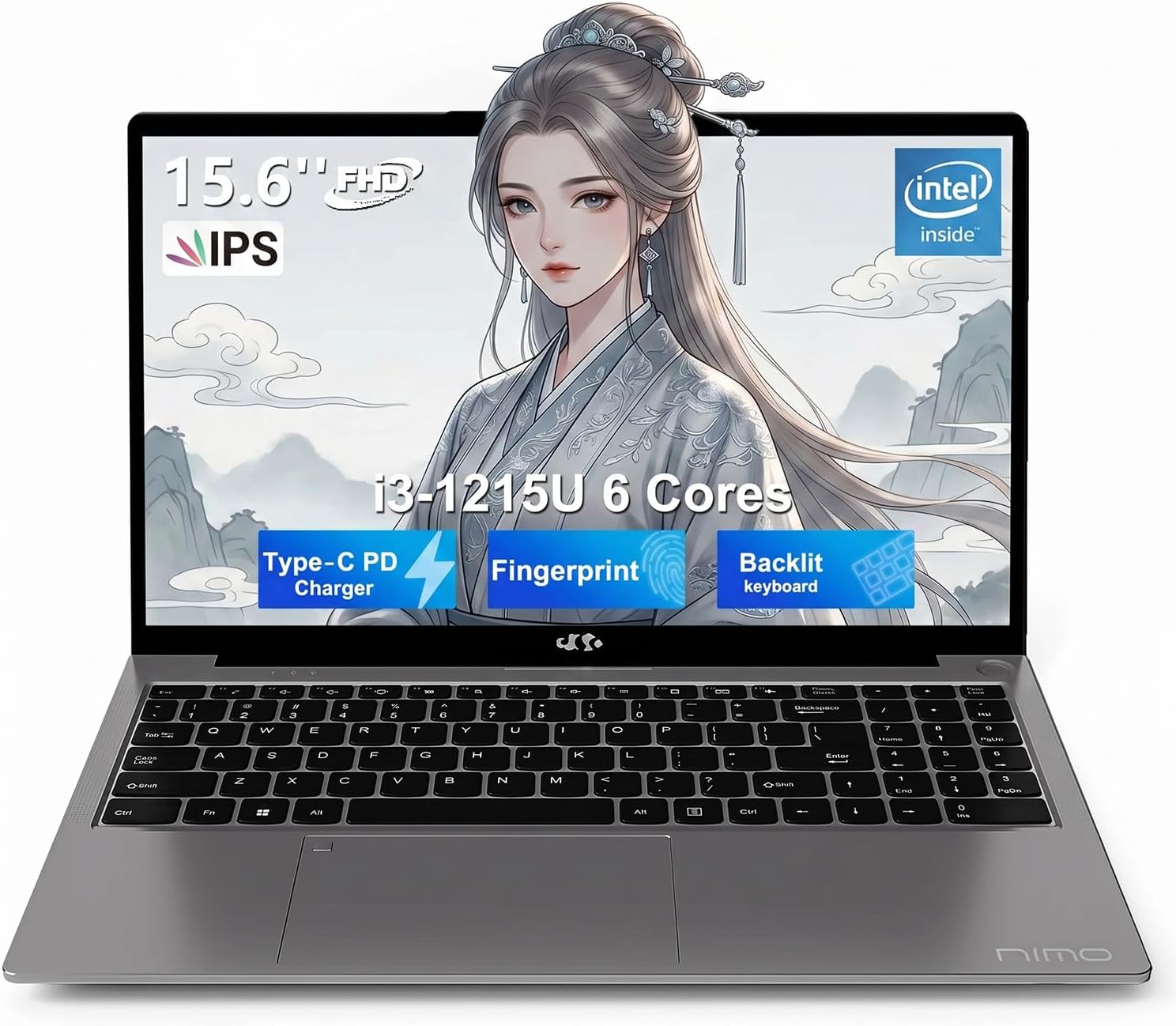 NIMO Laptop 15.6", Intel Core i3-1215U (Beats i5-1135G7 Class), 16GB RAM, 256GB SSD, Windows 11 Home, Wi-Fi 6, Backlit Keyboard, Fingerprint, USB-C 65W Fast Charge, Bluetooth 5.2, 180° View FHD IPS