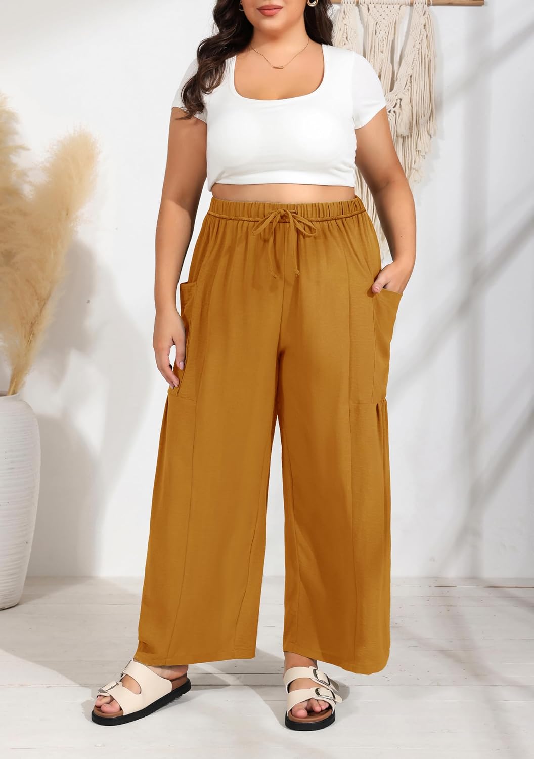 SEKINO Women's Plus Size Wide Leg Palazzo Pants Drawstring Casual Loose Beach Travel Vacation Flowy Lounge Pants with Pockets - Image 5