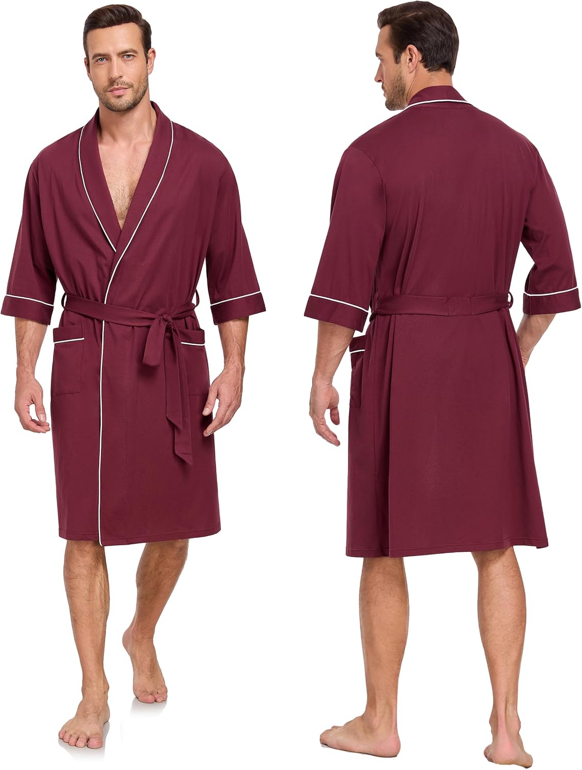 CF Men's Robe Cotton Bathrobe Soft Short Sleeve Bath Robes Shower Robe for Spa Soft Kimono Lightweight Sleepwear with Pockets - Image 2