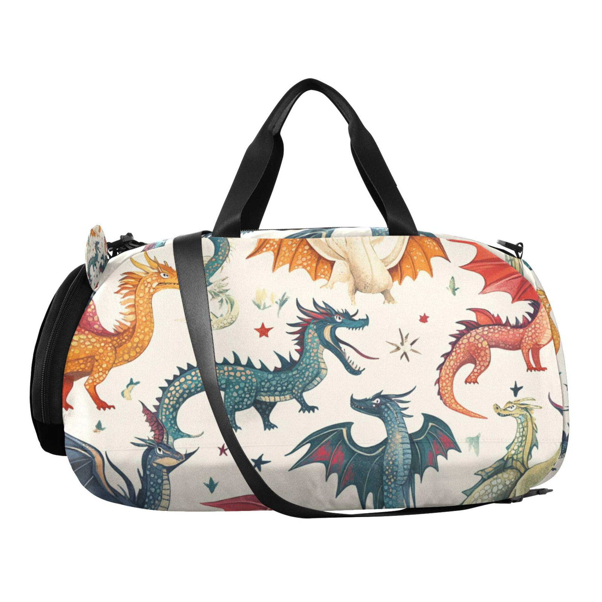 Glaphy Cute Cartoon Dragons Duffle Bag for Toddler Boys Girls, Gym Sports Bag with Shoe Compartments, Kids Travel Overnight Weekender Shoulder Bag