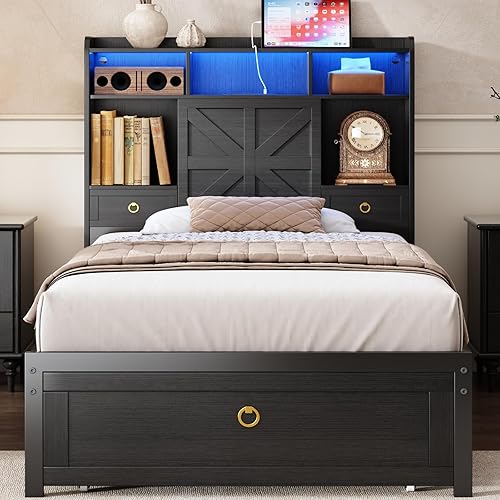 Miniatura 16 de Marcos de cama tamaño King con cabecera de almacenamiento y 4 cajones, marco de cama de plataforma estilo granja con estación de carga y luces LED,