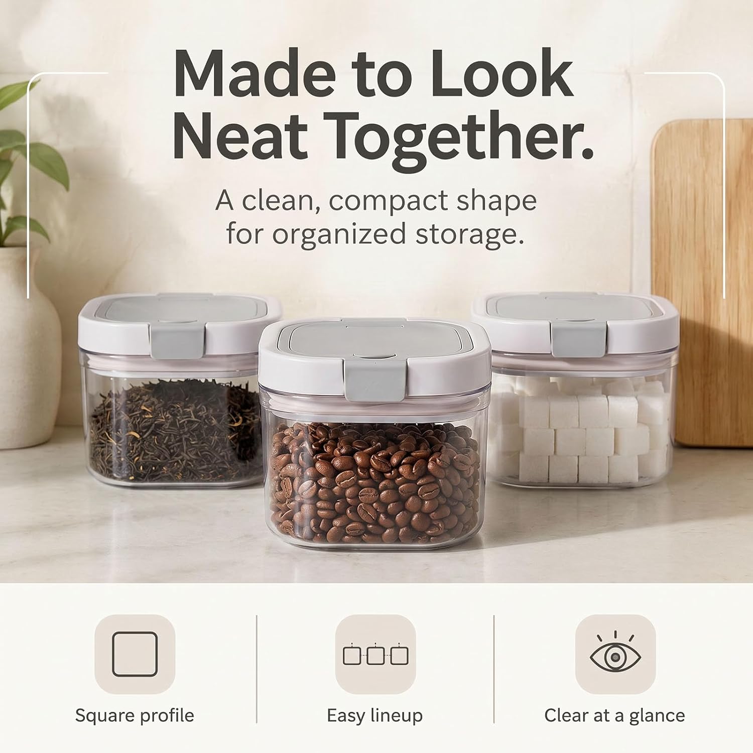 Coffee Tea Sugar Container Set, Food Storage Containers with Lids Airtight Set of 3, BPA Free Plastic Kitchen Canister with Spoon, Stackable Wide Mouth Pantry Organization, 28oz / Clear