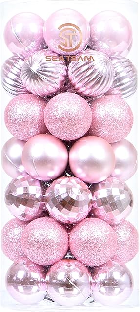 Sea Team 46-Pack Christmas Ball Ornaments with Strings, 30mm/1.18" Mini Size Baubles, Shatterproof Plastic Christmas Bulbs, Hanging Decorations for Xmas Tree, Holiday, Wedding, Party, Pink