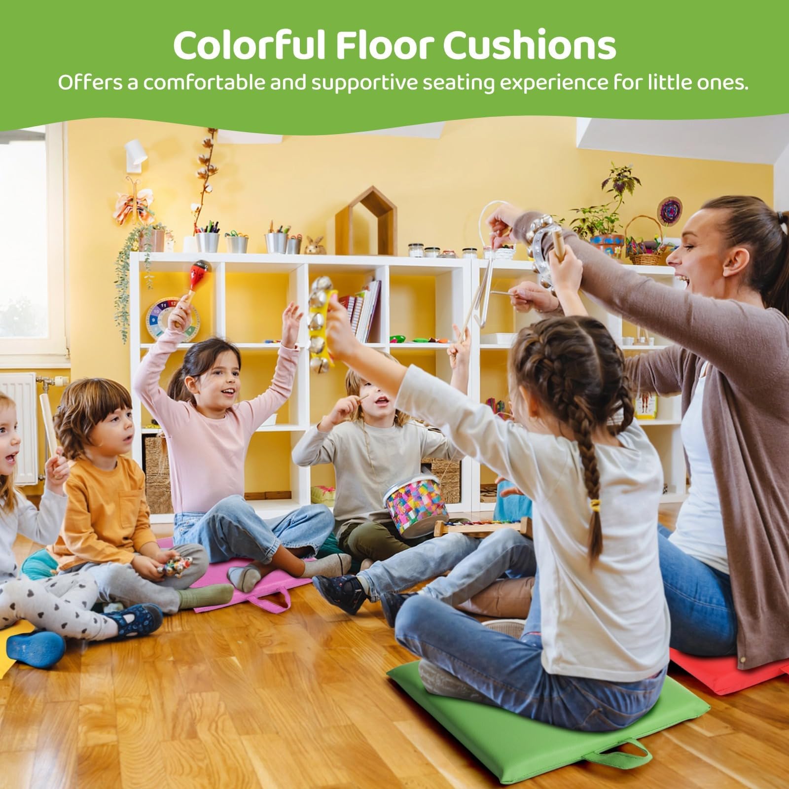Bosreroy 12-Piece Colorful Pu Floor Cushions for Kids, Square Cushions with Handles, Easy-Clean Seating for Schools, Playrooms, and Nurseries
