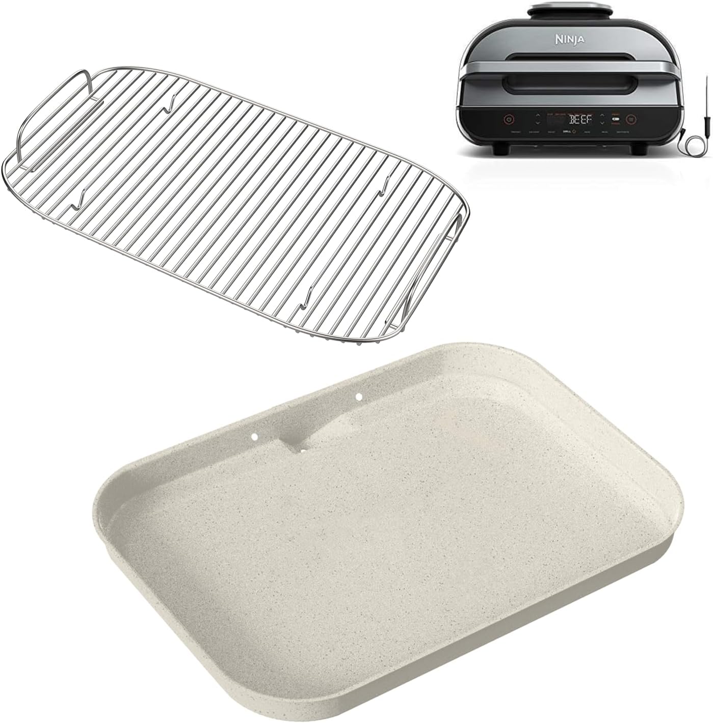 Griddle Pan and Rack for Ninja Woodfire OG800 and OG900 Series Smoker Grills, Non-Stick Ceramic Flat Top Griddle Accessories for OG951 OG850 OG952 Pro Connect XL, Grill Rack for Ninja XSKGRDPLT, White