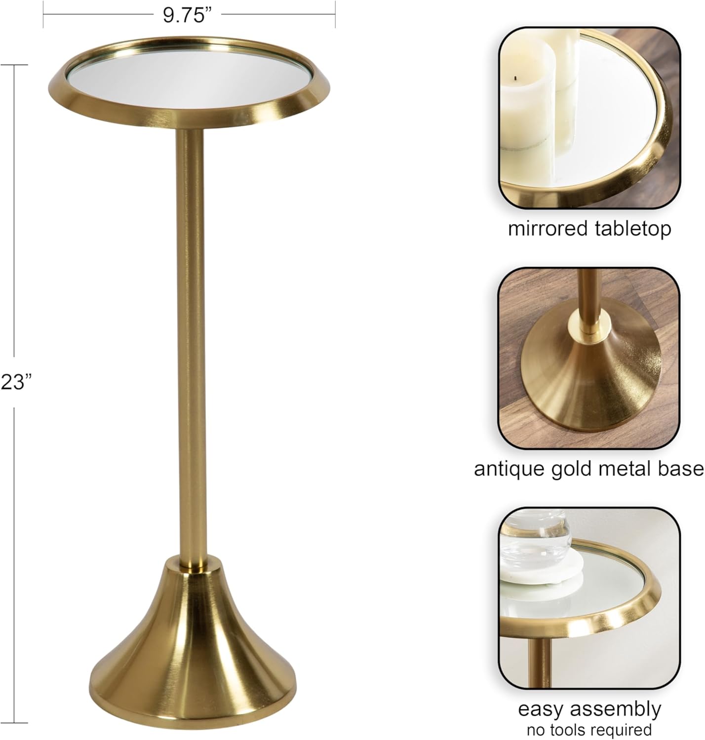 Kate and Laurel Sanzo Modern Pedestal Drink Table; 10 x 10 x 23; Antique Gold; Decorative End Table with Mirrored Tabletop for Use as Small Plant Stand or Cute Martini Table