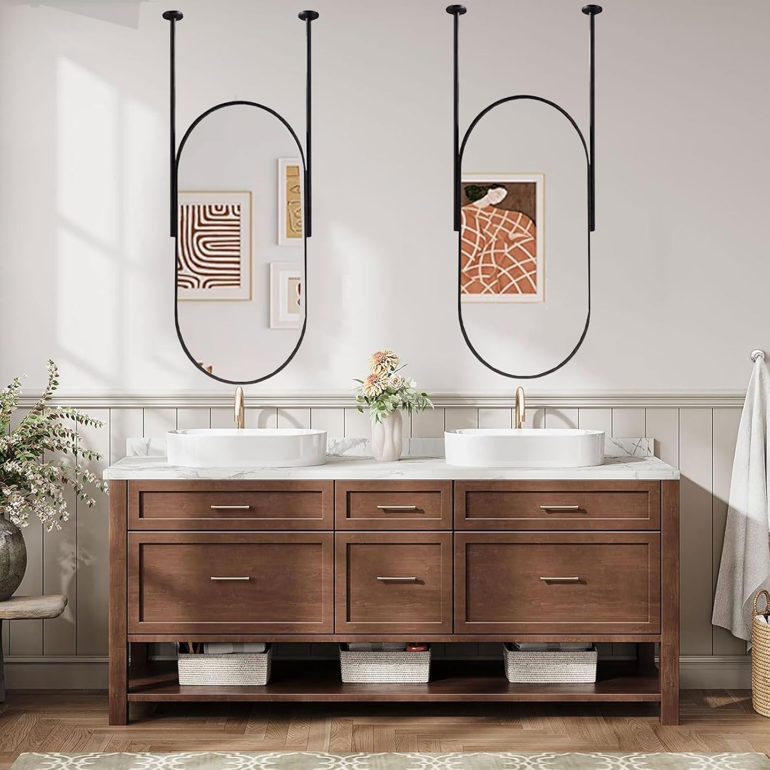Black Ceiling Mounted Suspended Mirror Ceiling Hanging Mirror Metal Frame Bathroom Vanity Mirror Clear and Practical for Hanging Living Room Hotel Entry Washroom Wall Mounted(23.6inx39.4in)