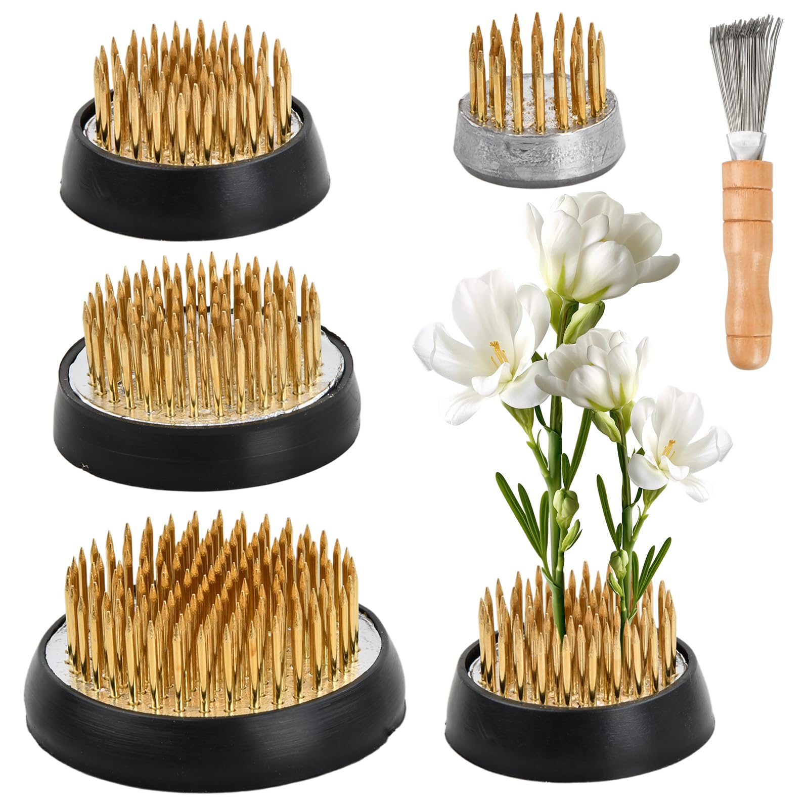 Ikebana Kenzan Set of 4 Round Flower Frog Brass Pin Rubber Ring w/ Cleaner