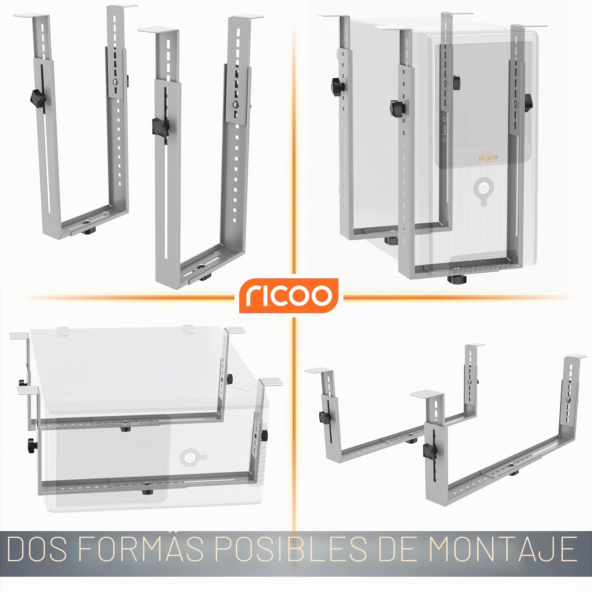 RICOO Soporte PC Bajo Escritorio TRH02-S, Soporte CPU Ajustable en Ancho y Altura, Montaje bajo Mesa Vertical u Horizontal, Soporte para Torre de Ordenador hasta 35 kg, Plata