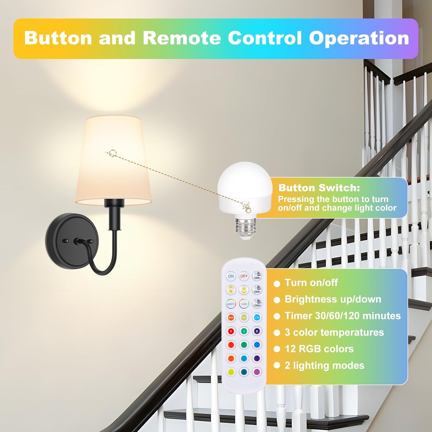 Wireless Rechargeable Wall Sconce, Black Battery Operated Wall Lights, Wall Lamps with Remotes and Dimmable RGB LED Bulbs, No Wiring Indoor Sconces Wall Decor Set of 2 for Bedroom Living Room Hallway