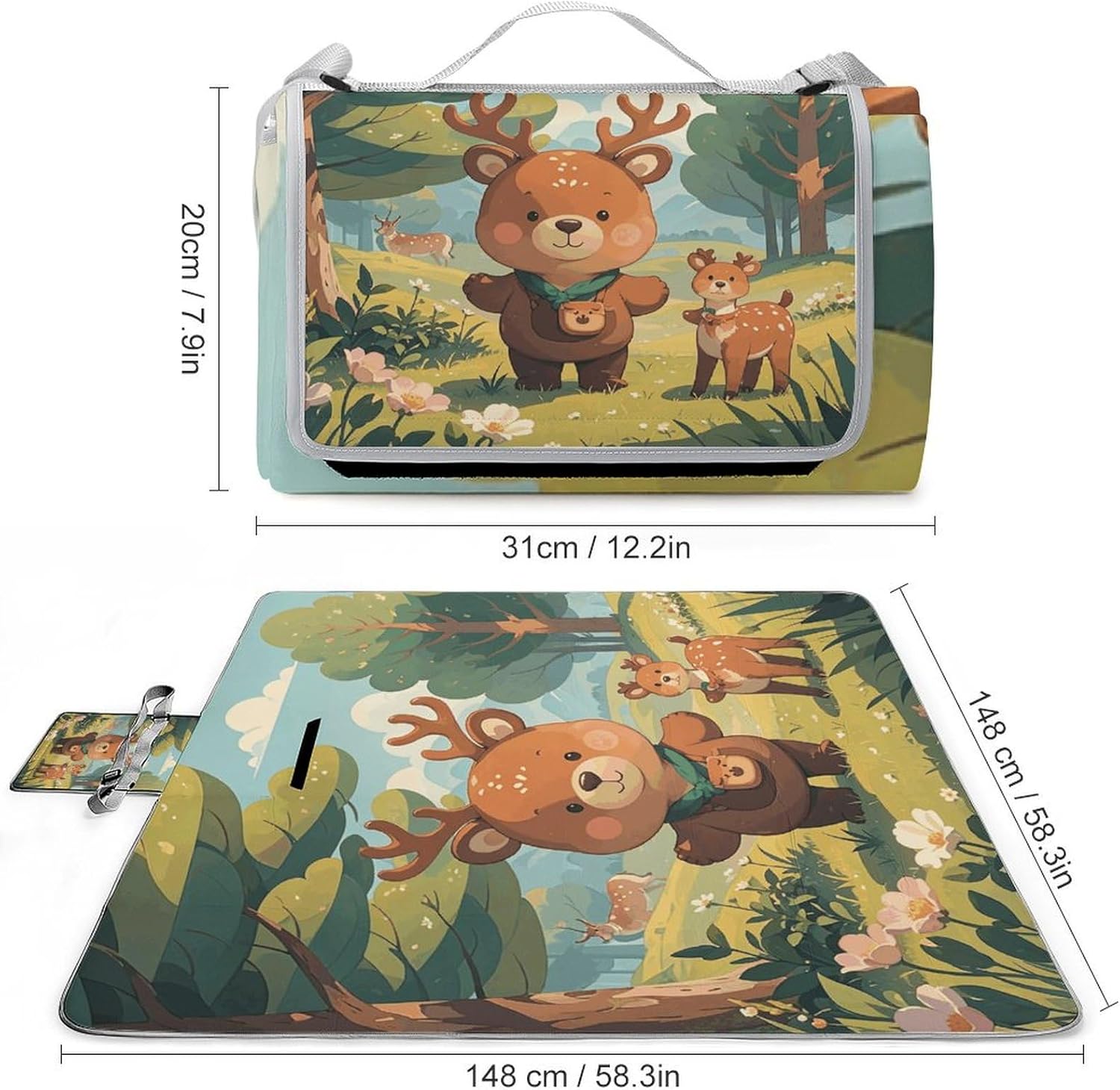 Outdoor Picnic Blanket Extra Large Beach Blanket Waterproof Picnic Mat Country Style Bear Deer Camping Blanket Portable with Carry Strap Park Blanket for Grass Camping Park