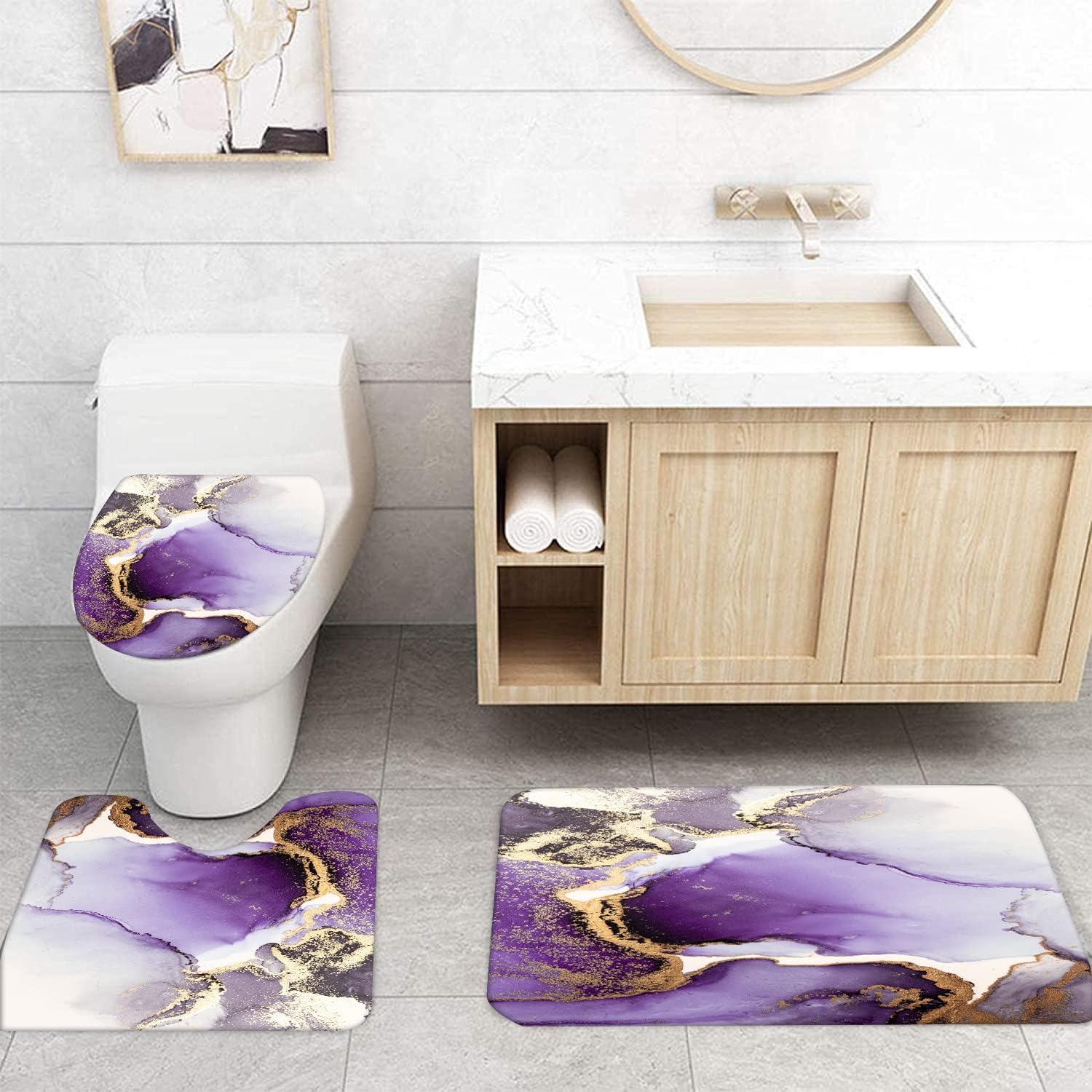 Marble Bathroom Sets with Rugs for Bathroom Decor, 72x72 Inches Gold Shower Curtain with Non-Slip Rugs and Accessories, Waterproof Machine Washable Bath (SC-Sets-purble Gold Marble)