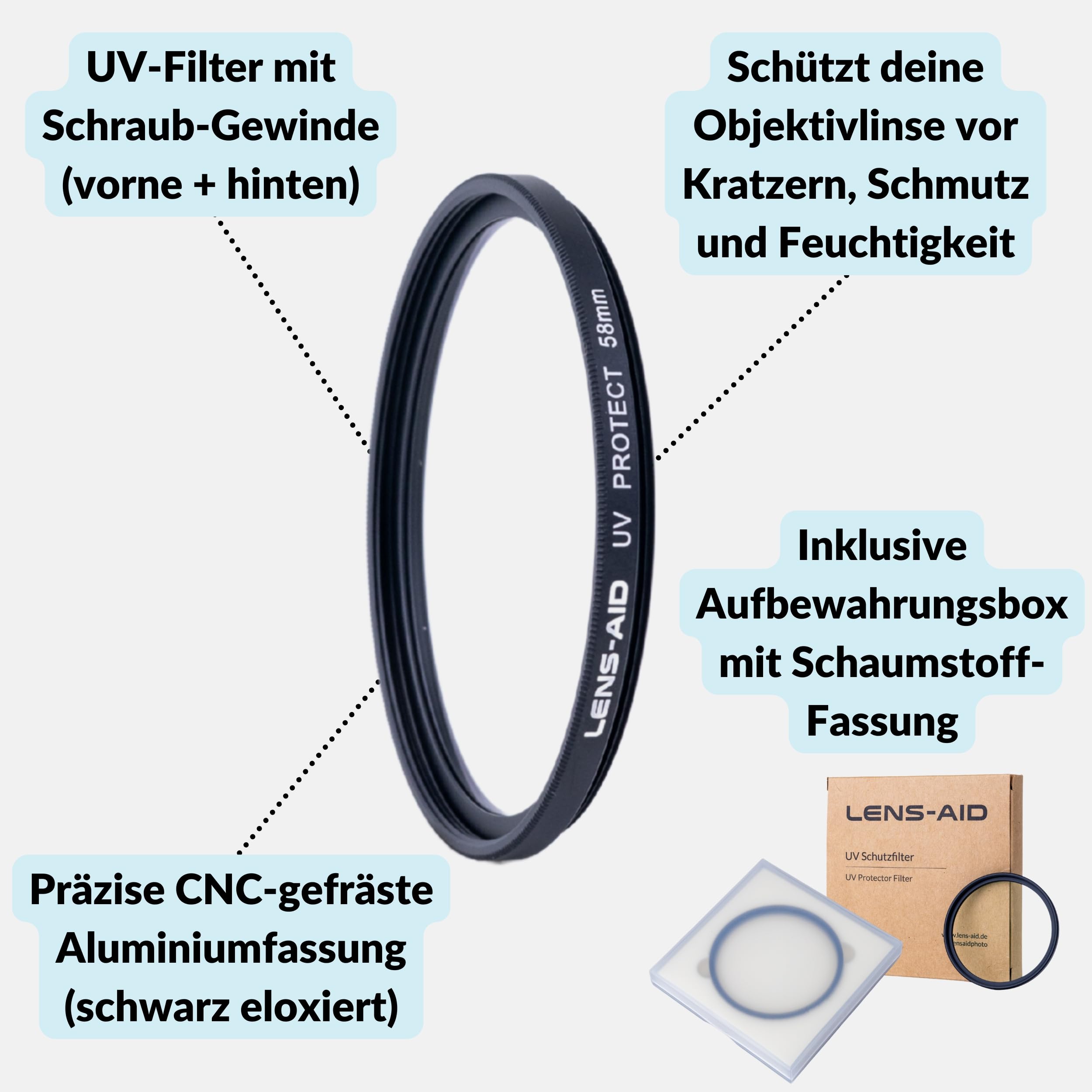 Lens-Aid UV-Filter 58 mm Schutzfilter Schott Glas B270 | Objektiv Protector mit 18-facher Nano-Beschichtung, Aluminiumfassung, Doppelgewinde und Aufbewahrungsbox