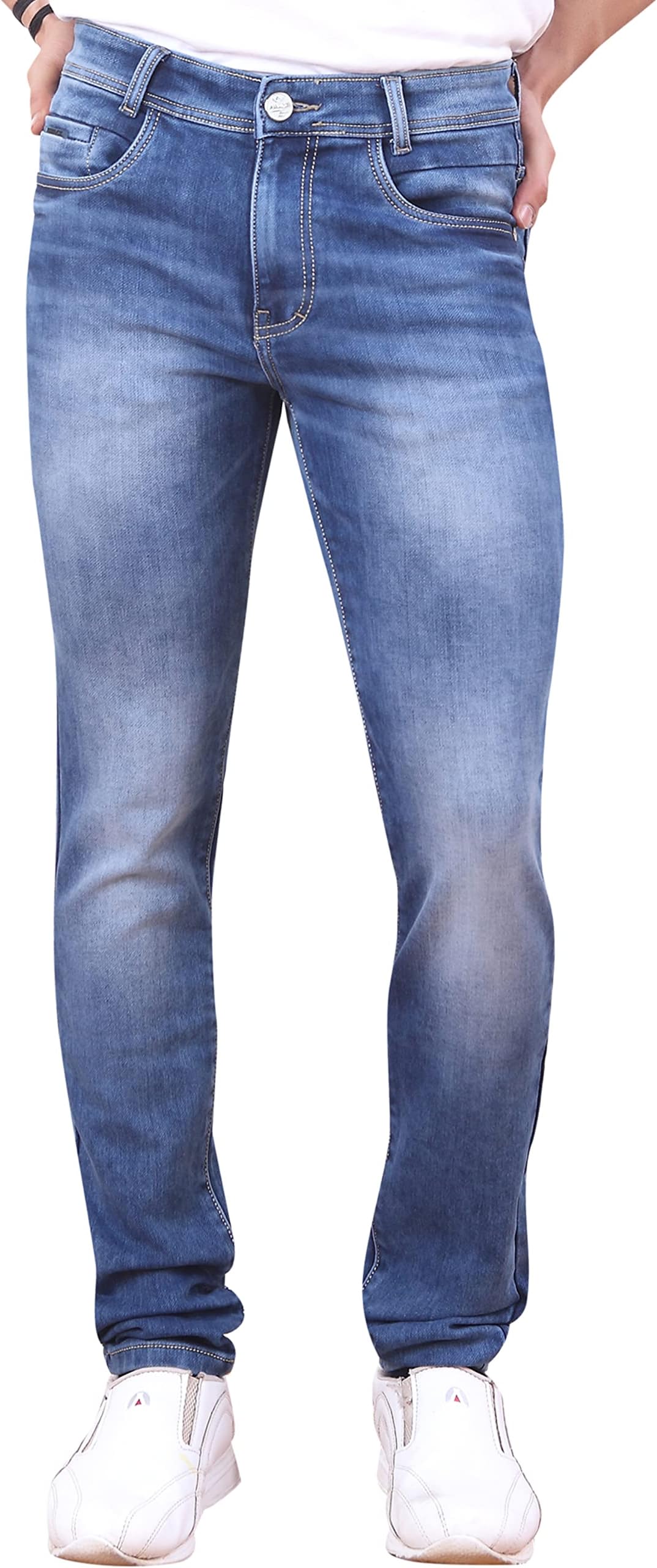 Stretchable Denim Mid Rise Relaxed Fit Curved Pocket Sturdy Stitching Full Length Jeans for Men