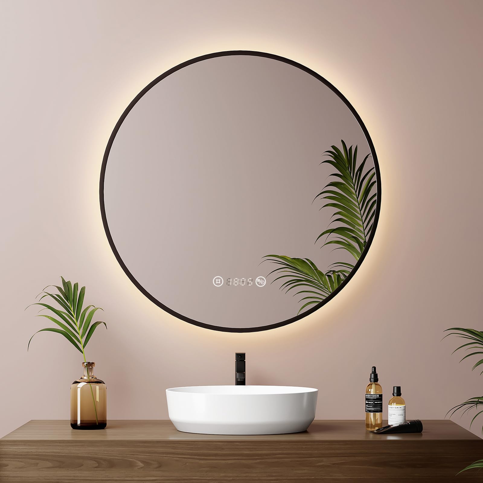 EMKE Runder Spiegel mit Beleuchtung ф60cm LED Badspiegel Schwarzer Rund Badezimmerspiegel mit Touch, Antibeschlage, Uhr, Temperatur, Dimmbar, Memory-Funktion Neutral Wandspiegel