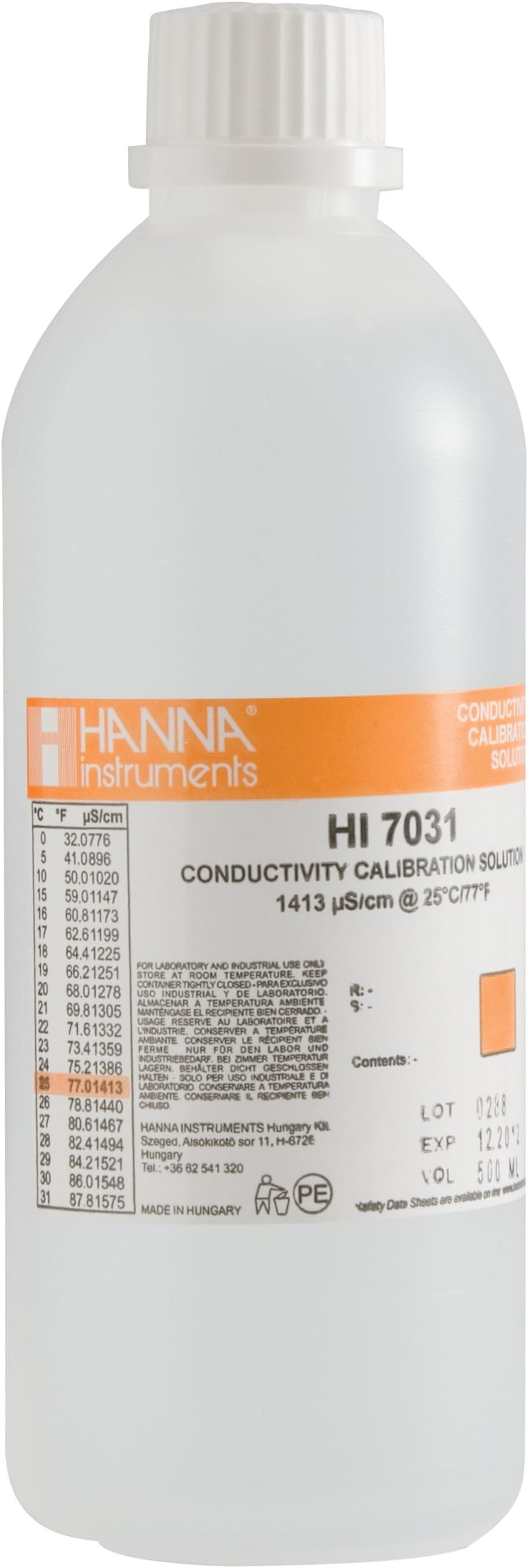 Hanna Instruments HI7031L 1413 µs/cm Conductivity Calibration Solution, 500mL Bottle