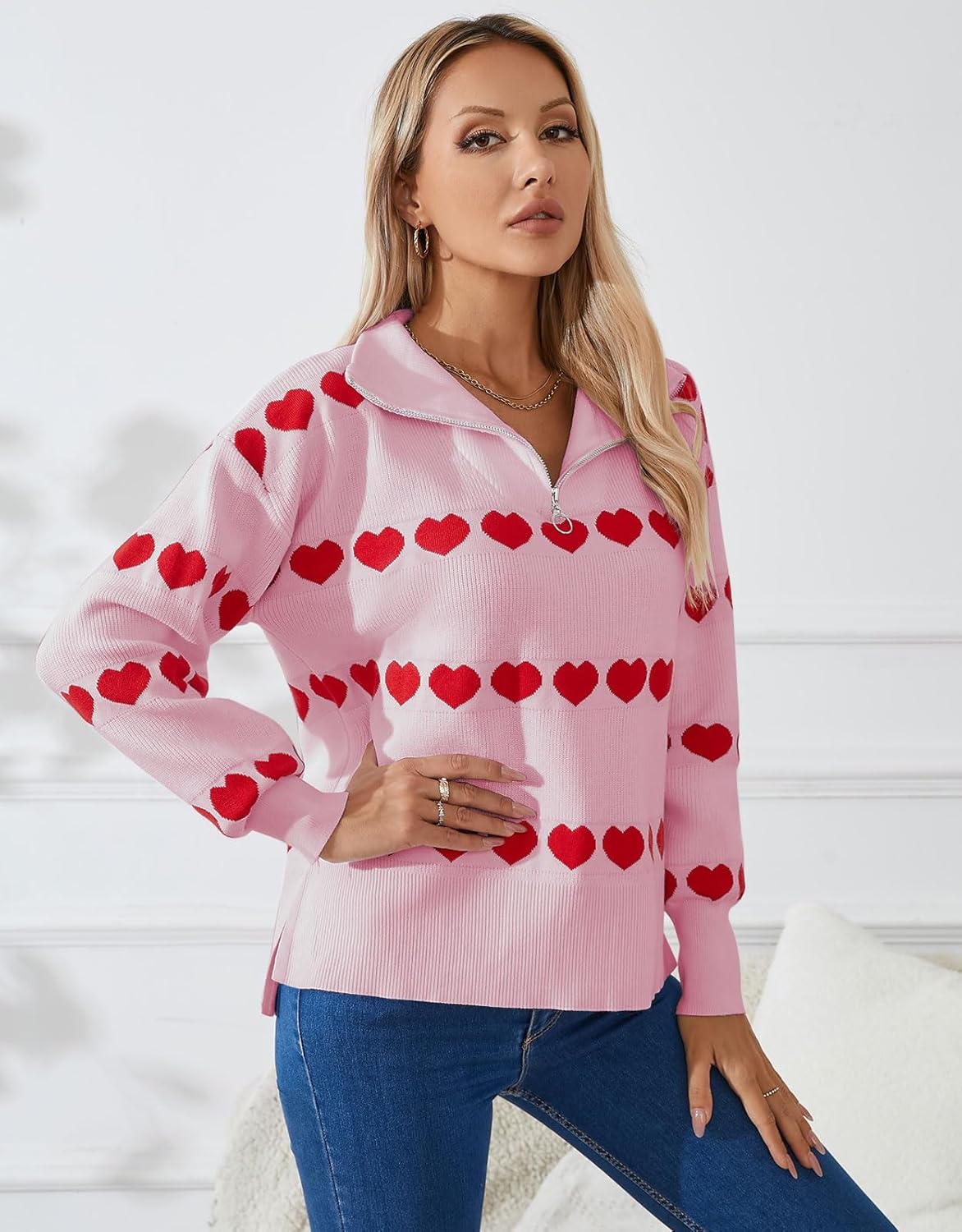 Alsol Lamesa Women’s Half Zip Collar Pullover Long Sleeve Heart Sweater Side Split Knit Sweaters for Women - Image 7