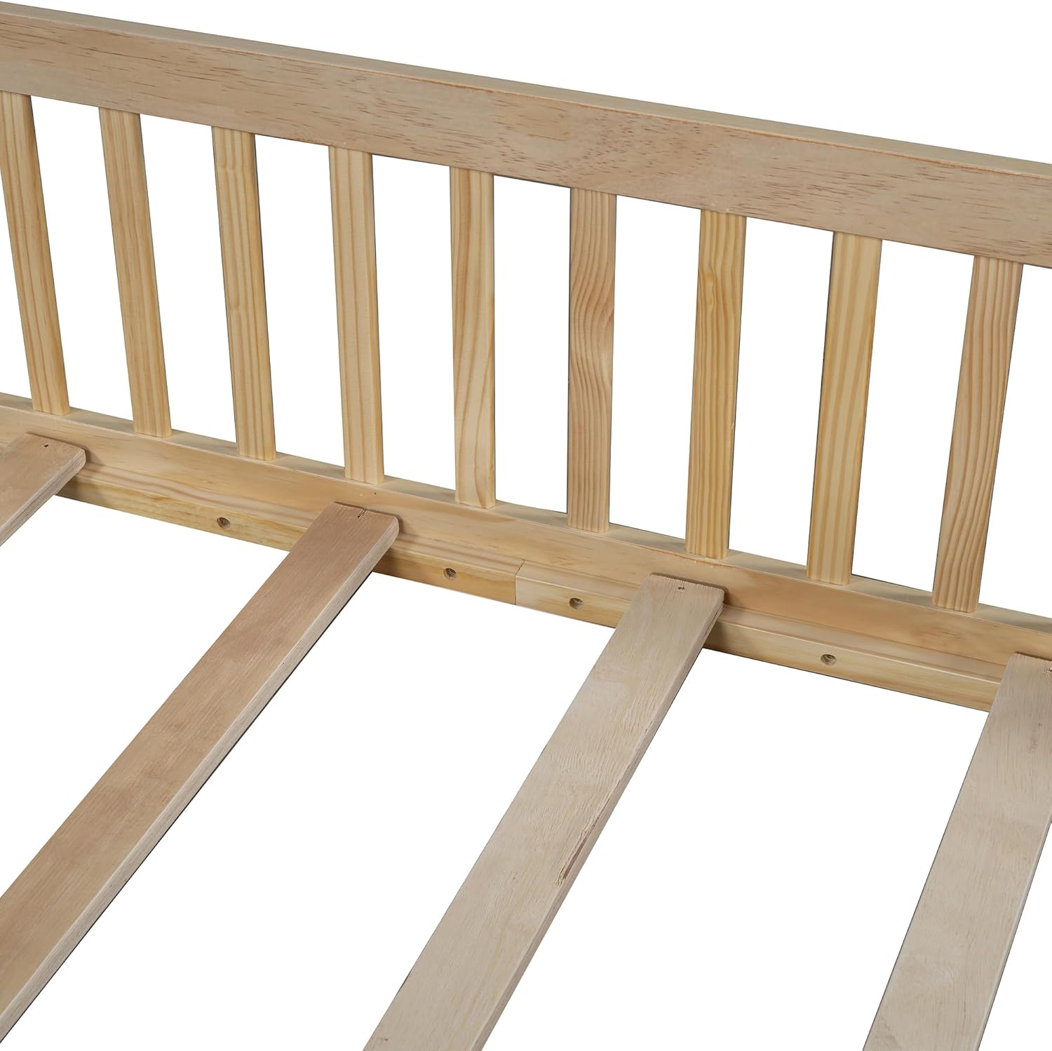 Close-up of the wooden bed slats