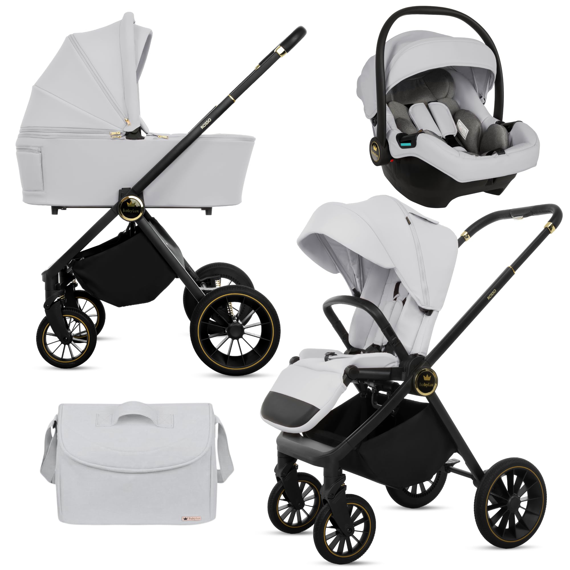 BabyLux Wielofunkcyjny Wózek Dziecięcy 3w1 ROSSO Gondola, Spacerówka, Fotelik Samochodowy z Akcesoriami, Lekki i Kompaktowy, Składana Aluminiowa Konstrukcja Stelaża, Regulowane oparcie, Żelowe Koła