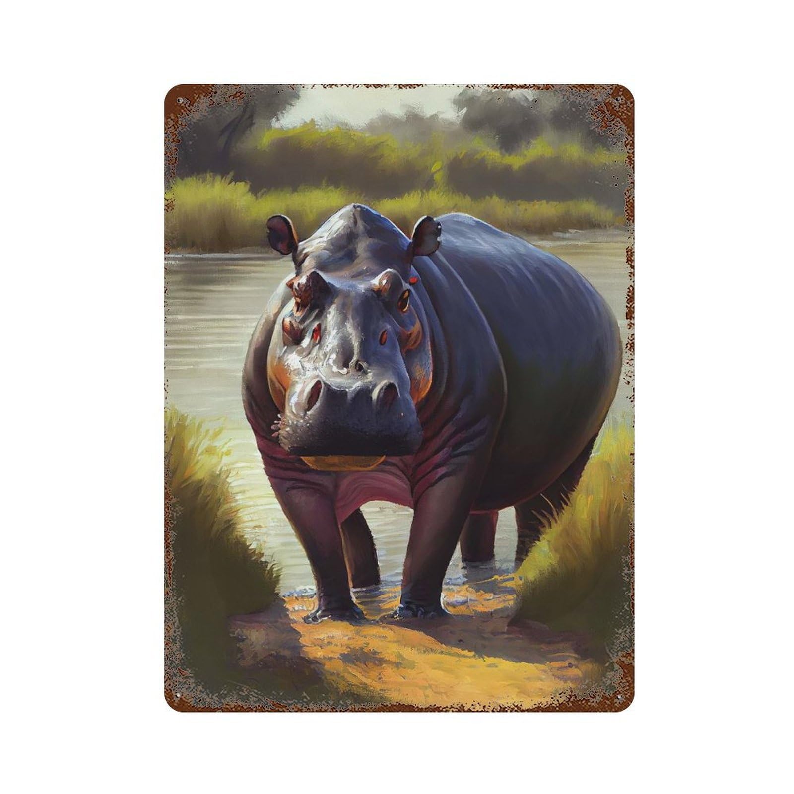 Savanna Hippo Oil Paint Decorative Tin Sign 15.7"x11.8", for Farmhouse, Kitchen And Entryway Decor, Shabby Chic Decor
