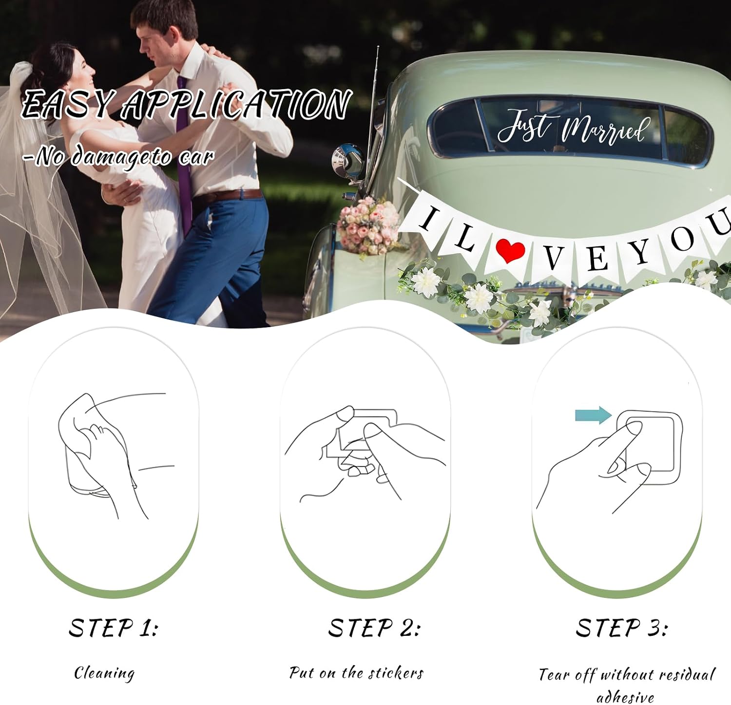 Just Married Car Decorations Kit, Auto Just Married Sign I Love You Banner with Wedding Flower Vine, Honeymoon Wedding Decor Universal Exterior Accessories for Car SUV Truck image 4