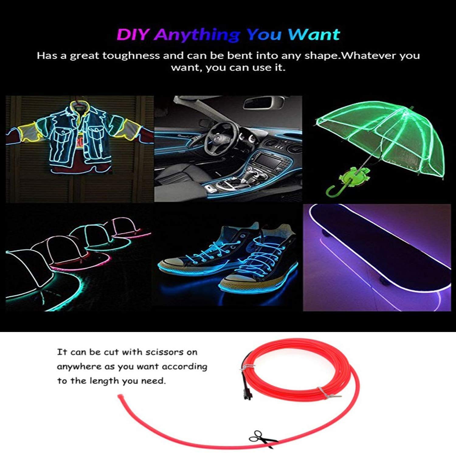 Cable LED Tira de Luces de Neon Flexible de Alimentado 3 Modos de Funcionamiento, Decoración de Coche, Fiestas, Disfraz de Carnaval (Azul helado, 5M)