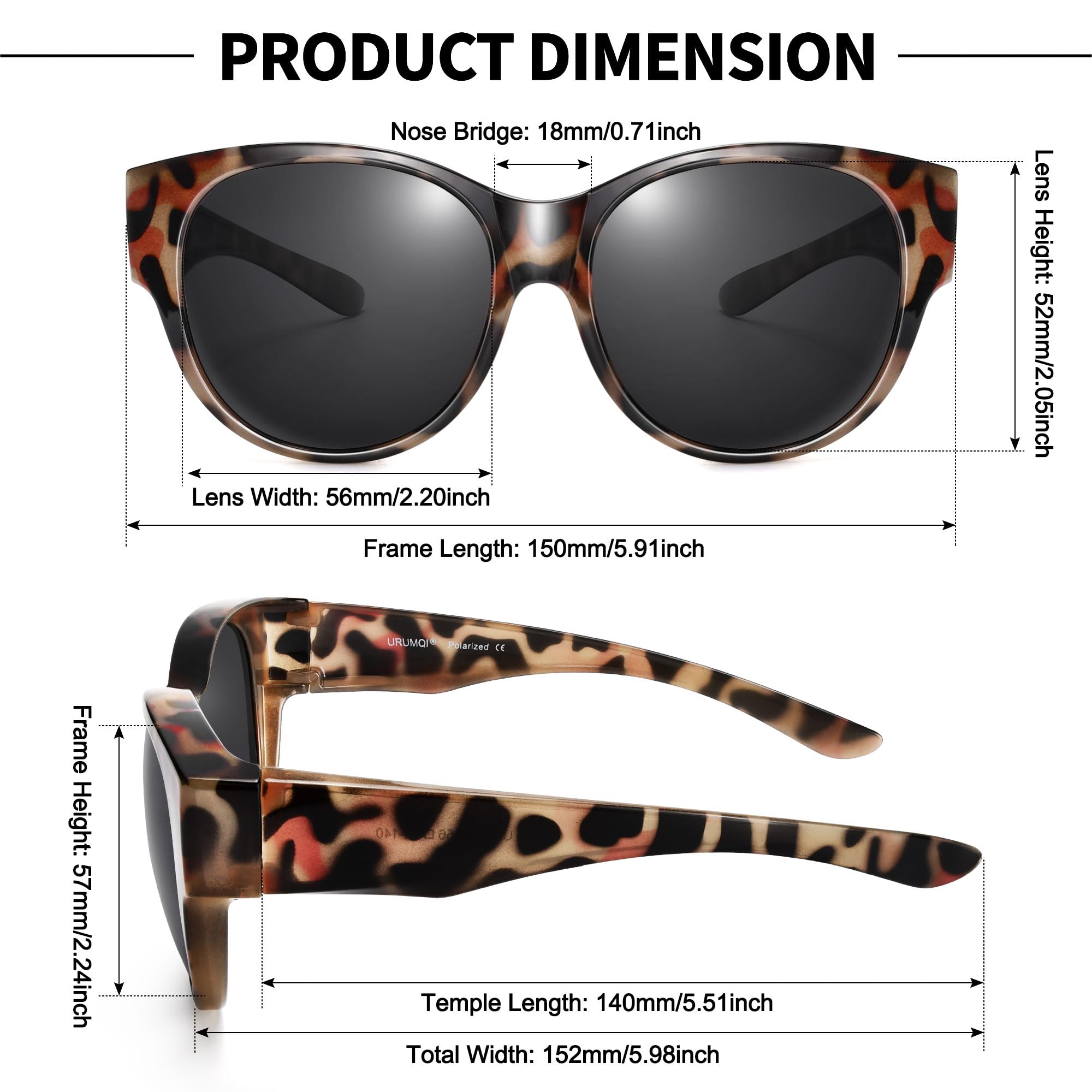 URUMQI Überzieh Sonnenbrille über Normale Brille, Polarisierte Überbrille Sonnenbrille für Brillenträger Damen, Retro Sonnenbrillen Fit over Sunglasses mit UV400 Schutz Beige Schildpatt Rahmen