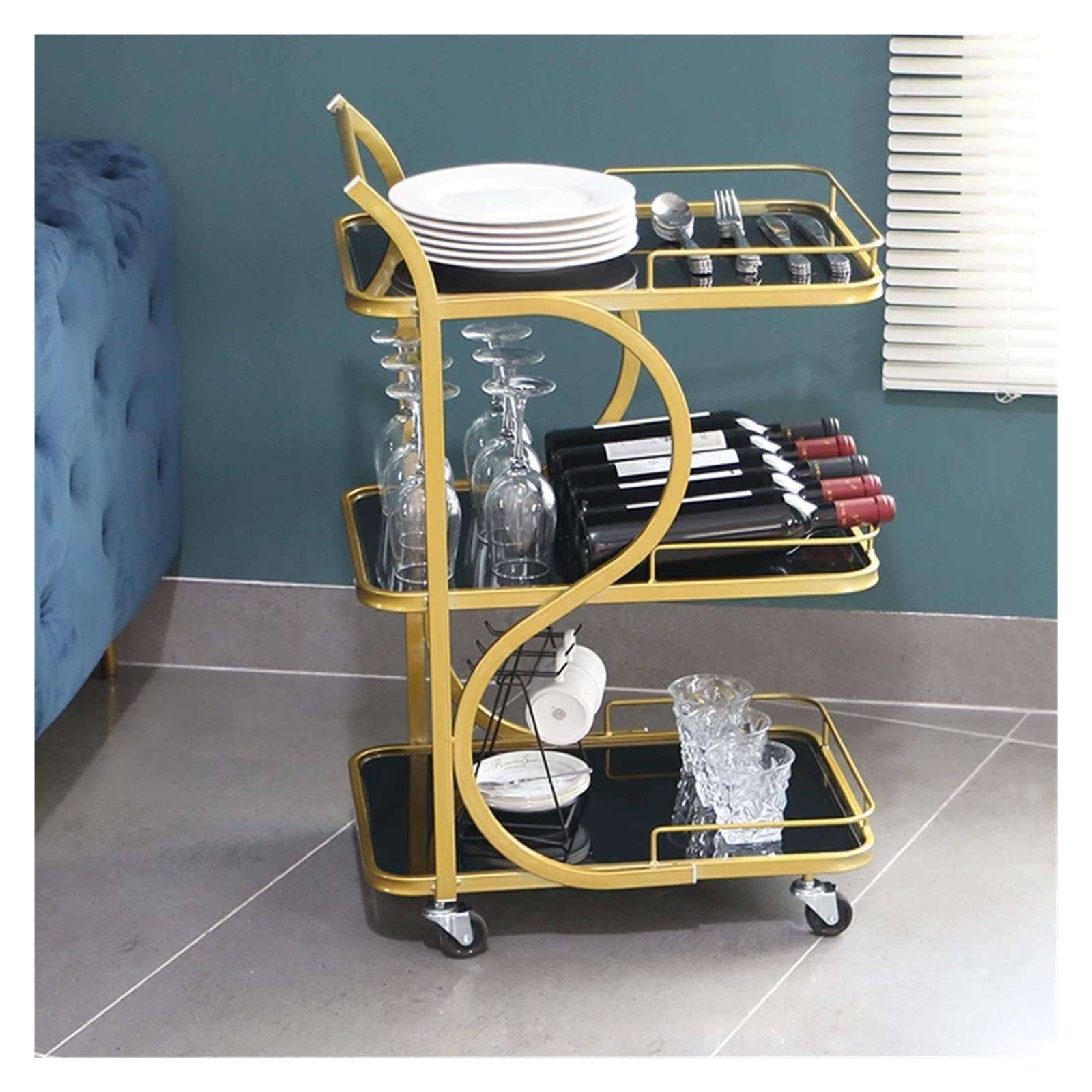 Speisewagenwagen, Hotelgeschäft, Restaurant, Mobile Kuchenlieferung, Eisen, Multifunktionaler Handschub-Barwagen, Bewegliche Lastwagen, Arbeitsplatte Aus Gehärtetem Glas(Gold,L54xW40xH84cm)