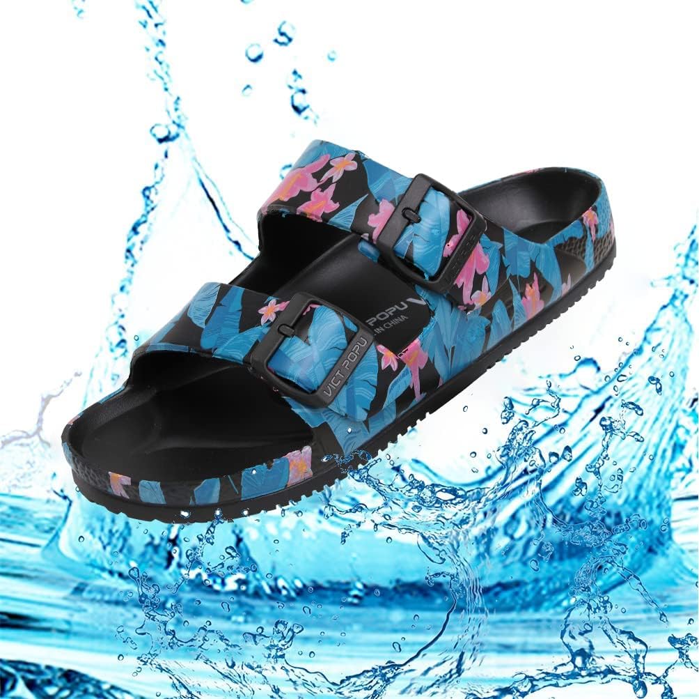 VICT POPU Womens Sandals Adjustable Double Buckle Strap Waterproof EVA Flat Slides 7 Flower Lake Blue image 5 of 5 B0B2WCZBPH